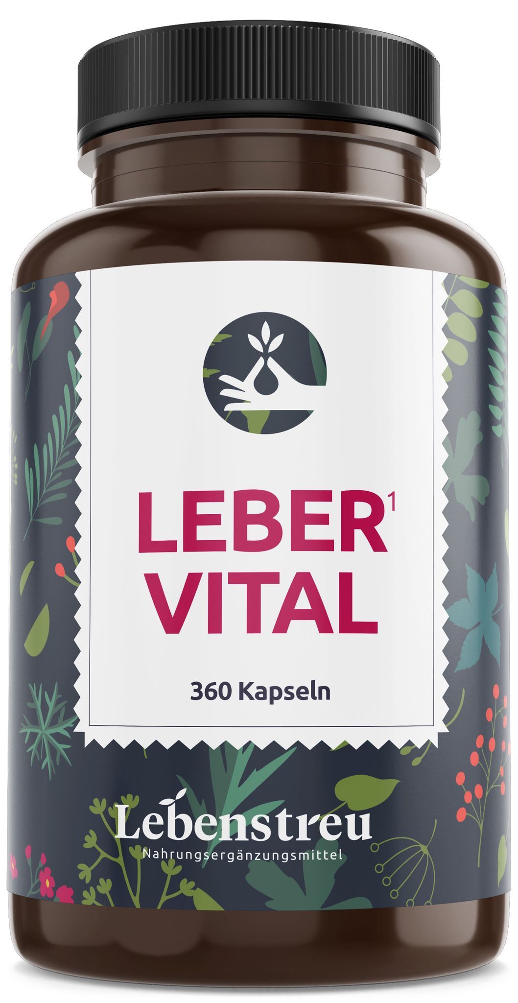 Braune Flasche mit Kapseln. Aufschrift: LEBER VITAL, 360 Kapseln. Logo mit Hand und Blättern. Pflanzenmuster auf der Flasche.