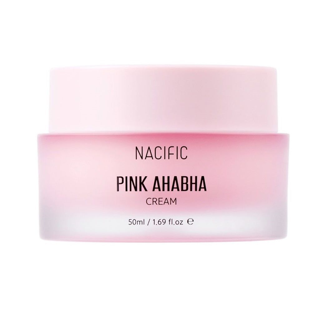 Rosa Creme-Dose mit Deckel. Aufschrift: NACIFIC PINK AHABHA CREAM. Volumen: 50ml / 1.69 fl.oz e.