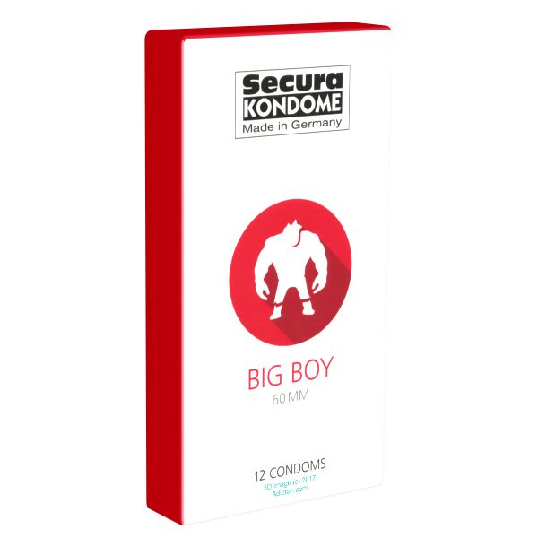 Verpackung mit Kondomen. Marke Secura, Aufschrift "BIG BOY 60mm". Roter Kreis mit stilisierter Figur. 12 Kondome.