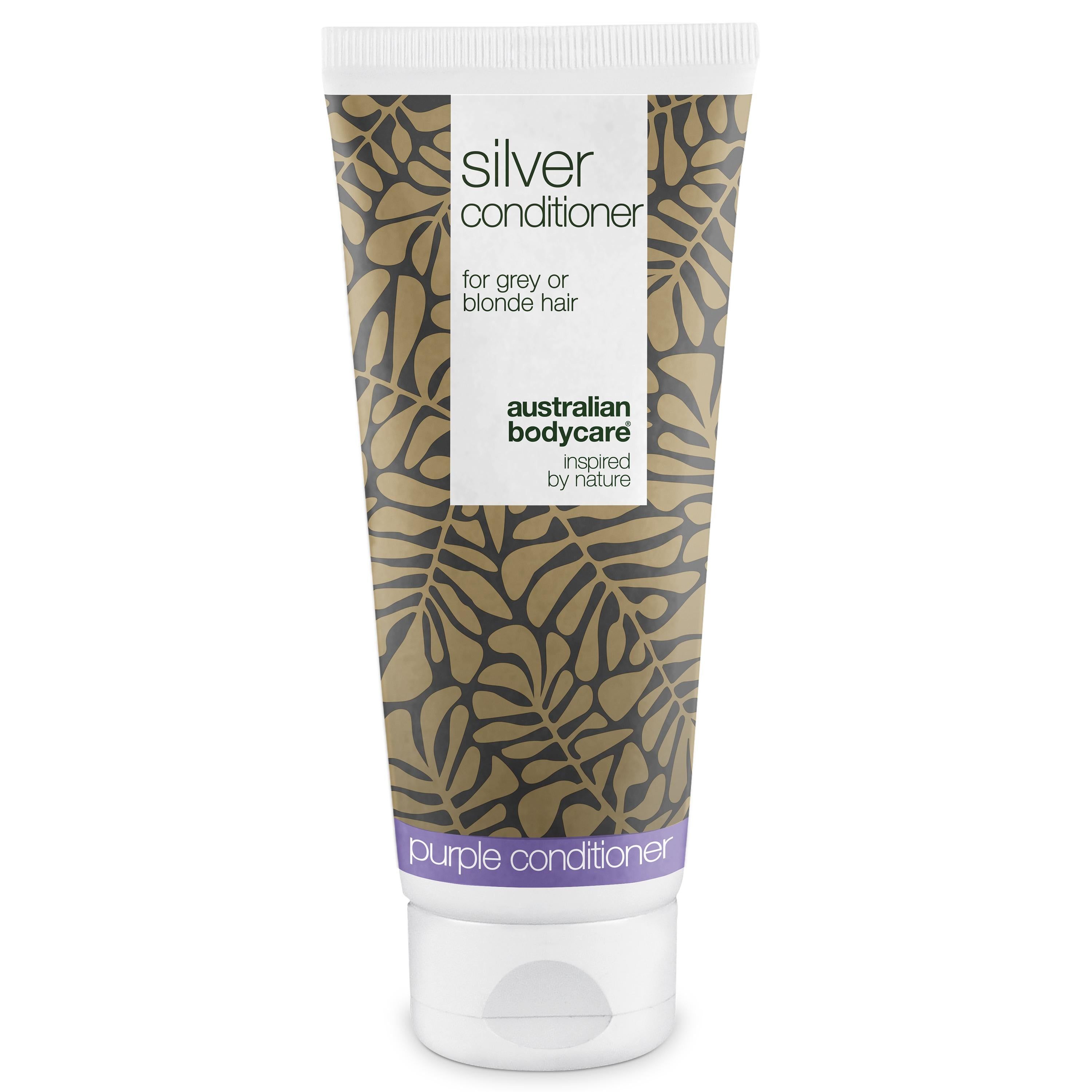 Tube mit silbernem Conditioner. Text: Silver Conditioner, für graues oder blondes Haar. Marke: Australian Bodycare.