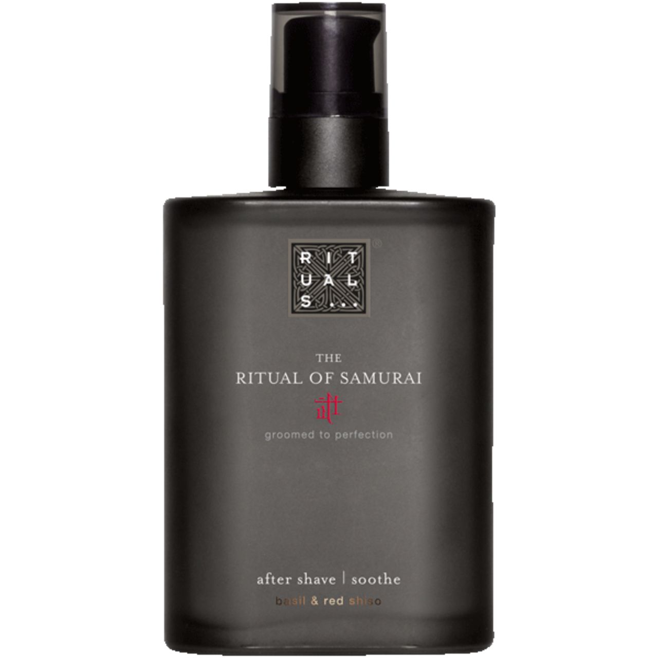 Dunkelgraue Flasche mit schwarzem Pumpverschluss. Aufschrift: Rituals, The Ritual of Samurai, After Shave Soothe.