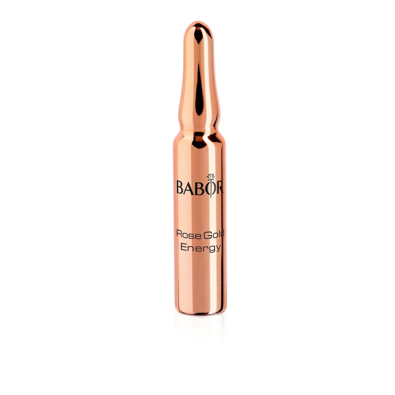 Roségoldene Ampulle mit Aufschrift: Babor, Rose Gold Energy. Auf weißem Hintergrund.