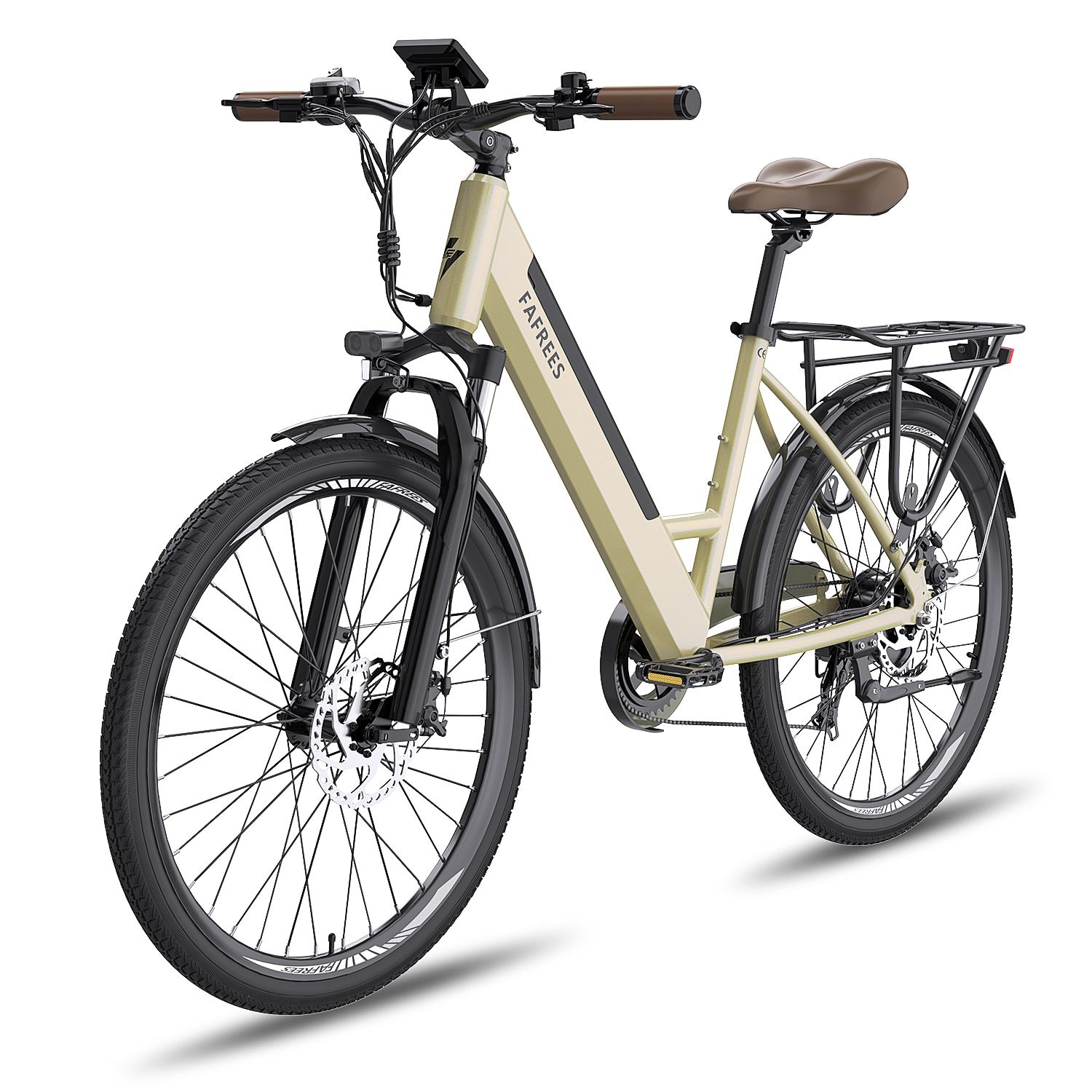 Beige Elektrofahrrad mit schwarzem Rahmen, Gepäckträger und braunem Sattel. Marke FAFREES.