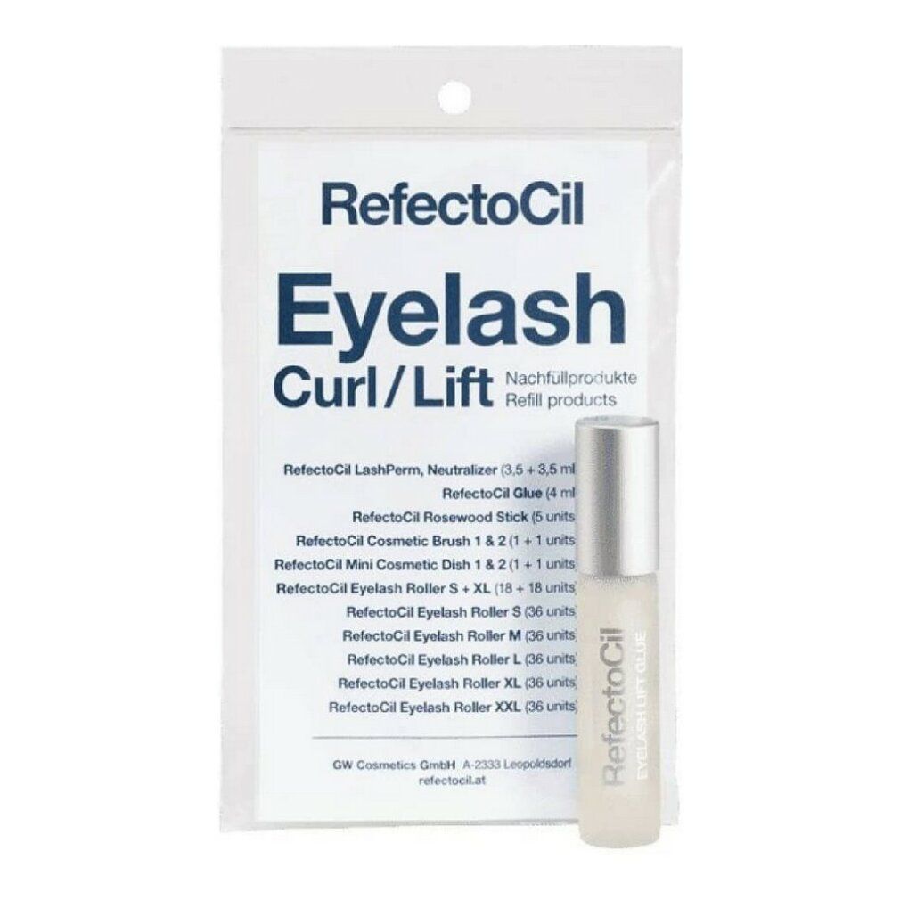 Verpackung mit Produkt und Inhaltsangaben. Produkt: RefectoCil Eyelash Curl/Lift. Enthält Zubehör.