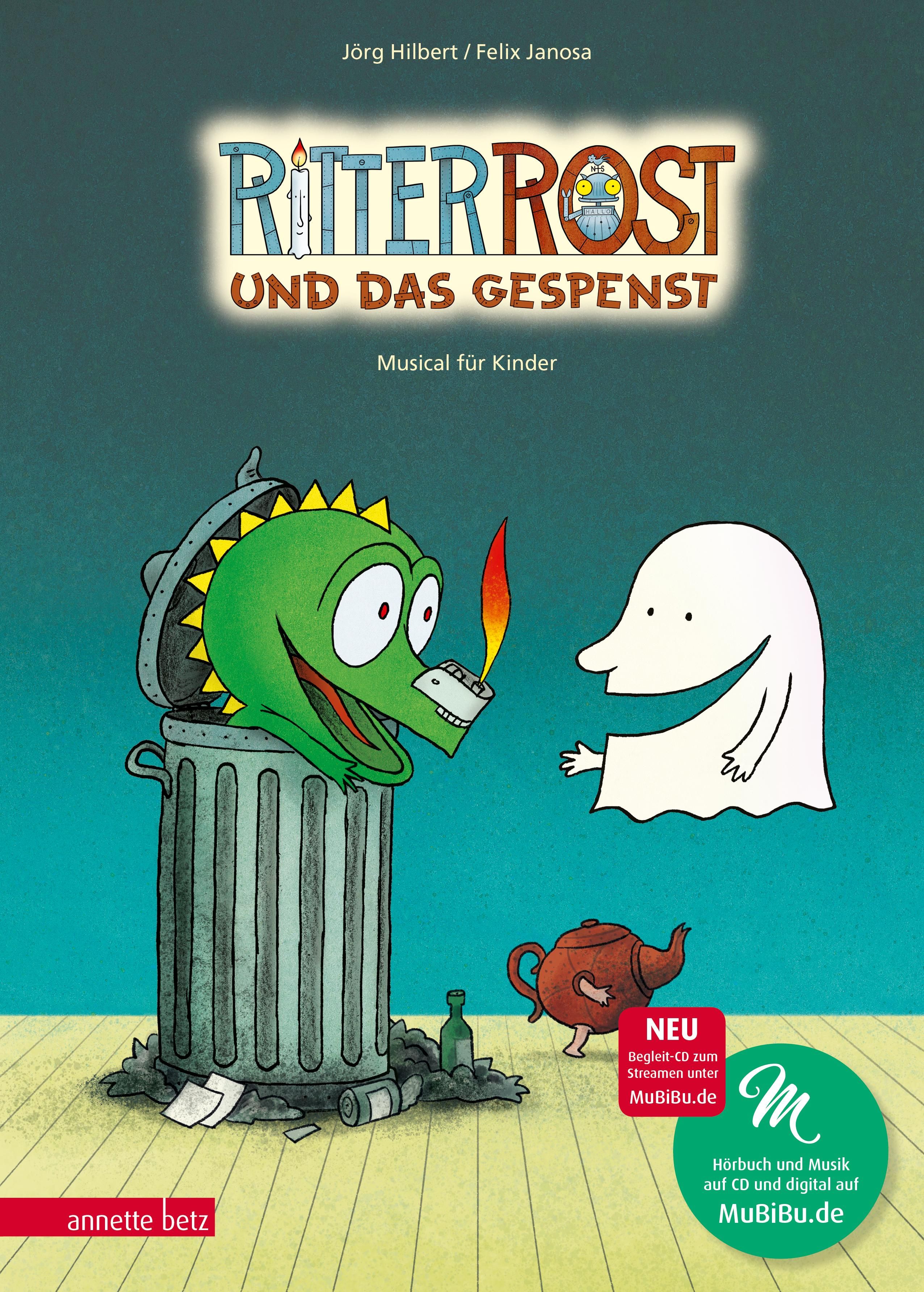 Buchcover. Titel: Ritter Rost und das Gespenst. Illustrationen mit Drachen, Gespenst und Burg. Text von Jörg Hilbert und Felix Janosa.