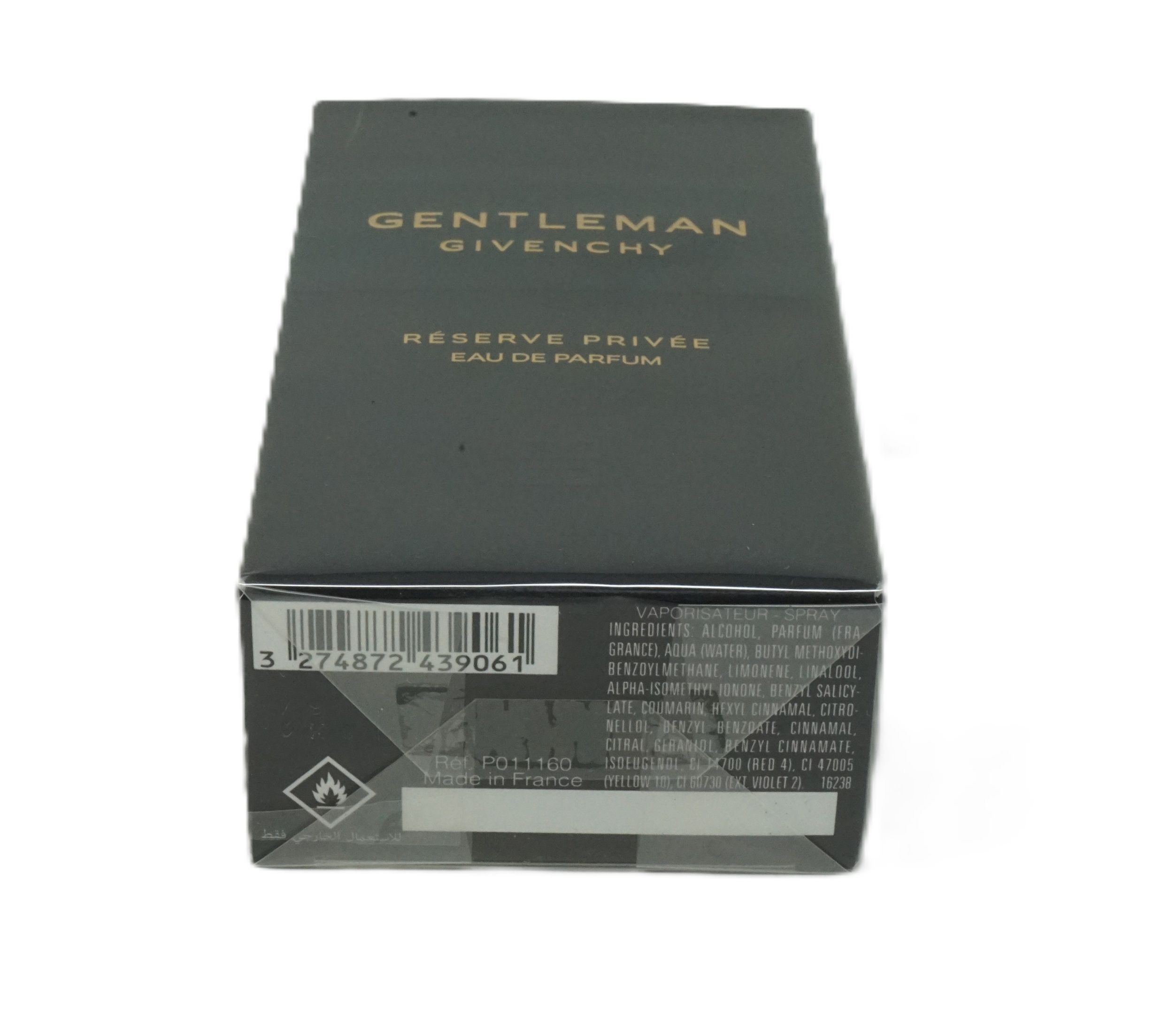 Dunkelgrüne Verpackung mit goldfarbenem Schriftzug GIVENCHY GENTLEMAN RESERVE PRIVEE. Barcode und Inhaltsstoffe.
