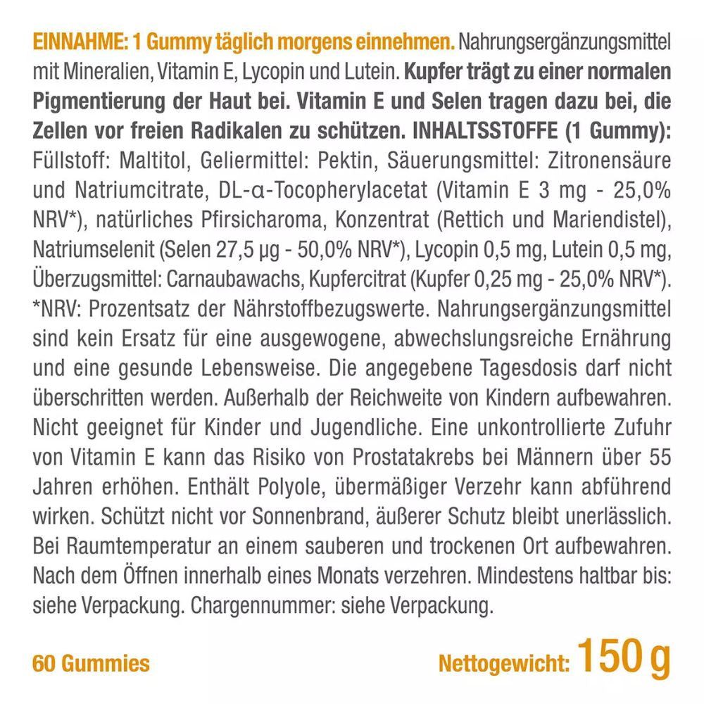 Text über Nutrimea Sun & Skin Gummies. Informationen zu Inhaltsstoffen, Dosierung und Warnhinweisen. Nettogewicht: 150 g.