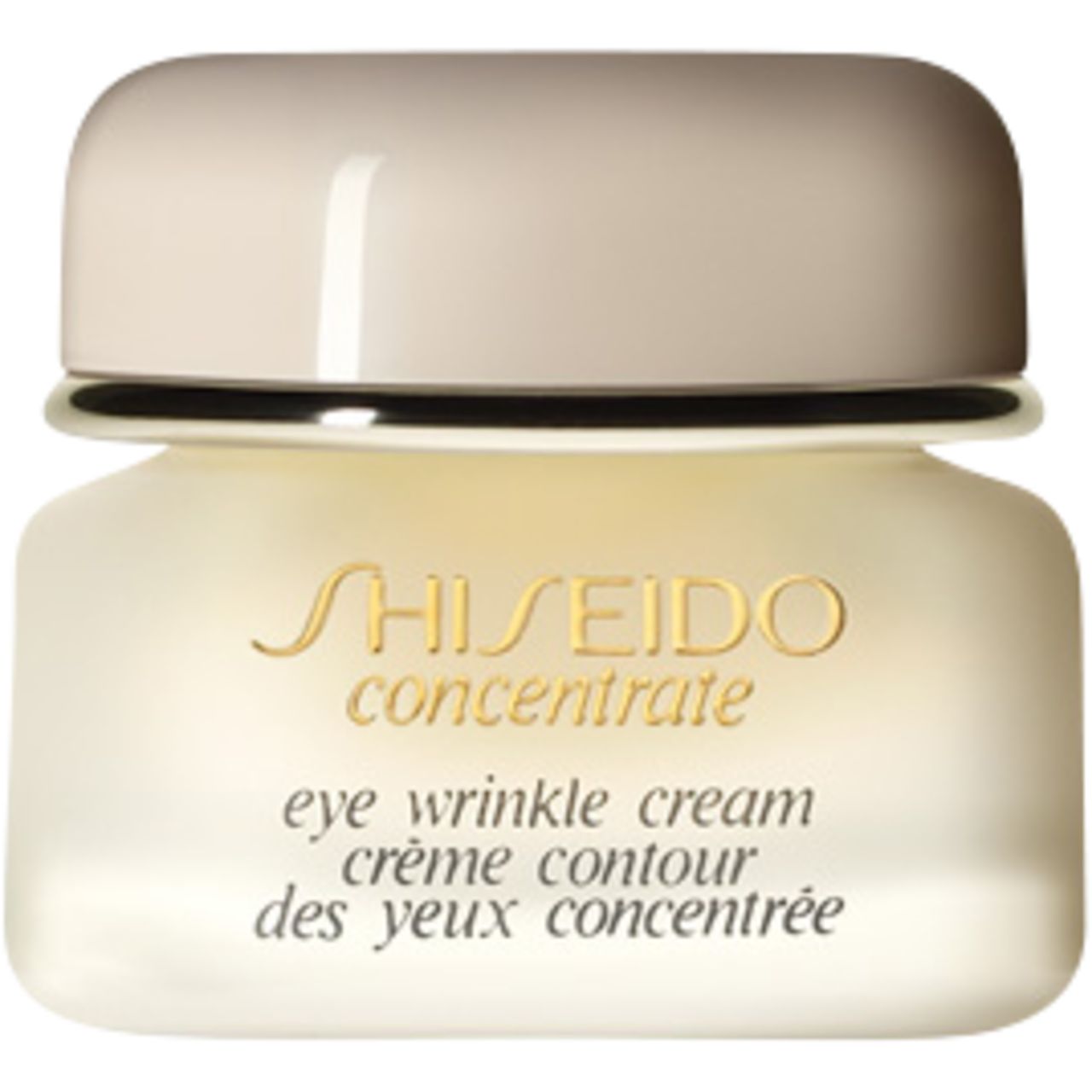 Cremebehälter mit Deckel. Aufschrift: SHISEIDO concentrate eye wrinkle cream. Goldener Ring.