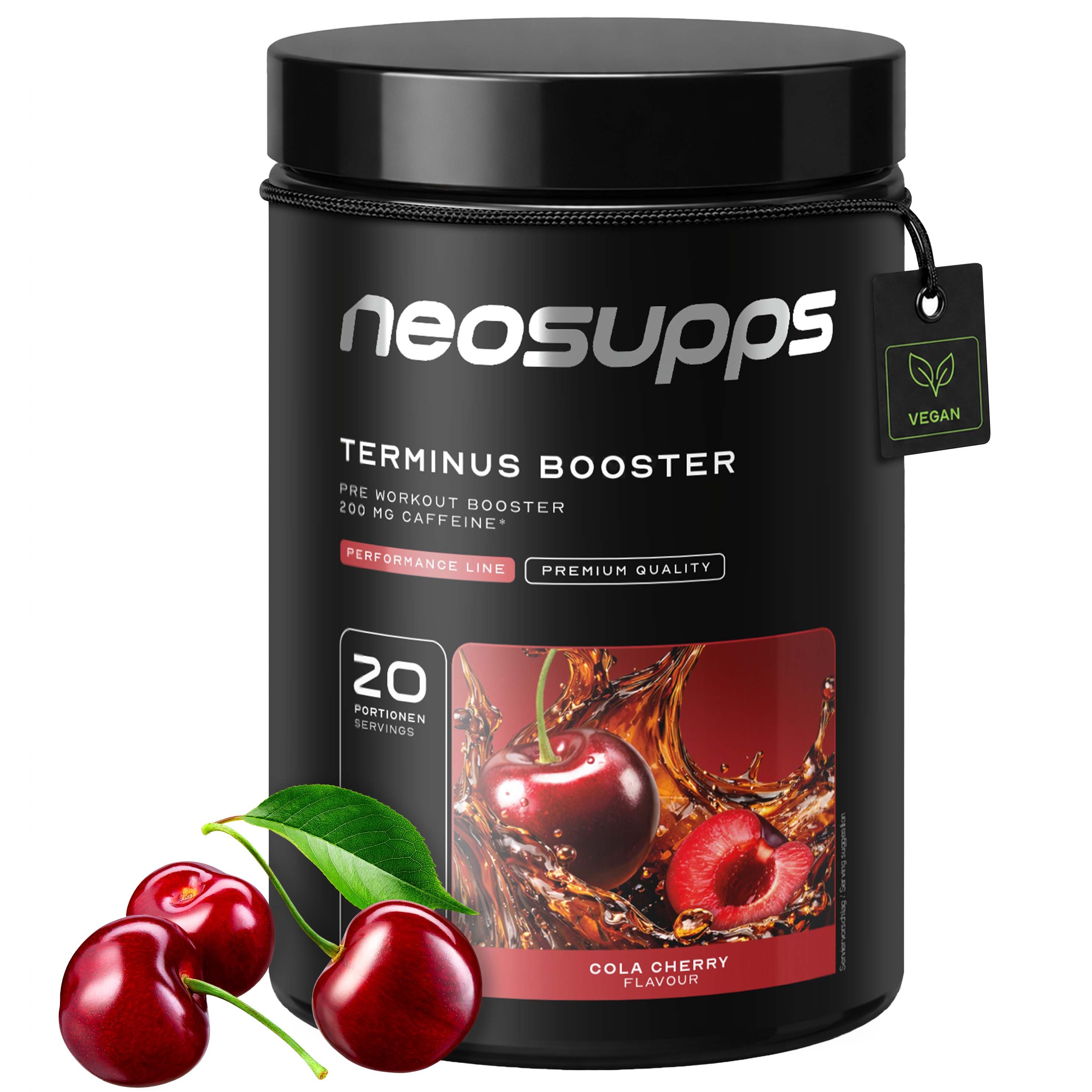 Schwarze Dose "neosupps Terminus Booster" mit Kirschen. Vegan-Siegel.
