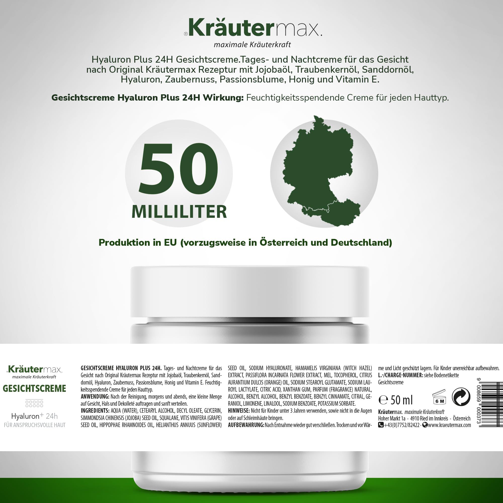 Creme-Tiegel mit weißem Deckel. Aufschrift: Kräutermax Gesichtscreme Hyaluron+ 24h. 50 Milliliter. Produktionshinweis.