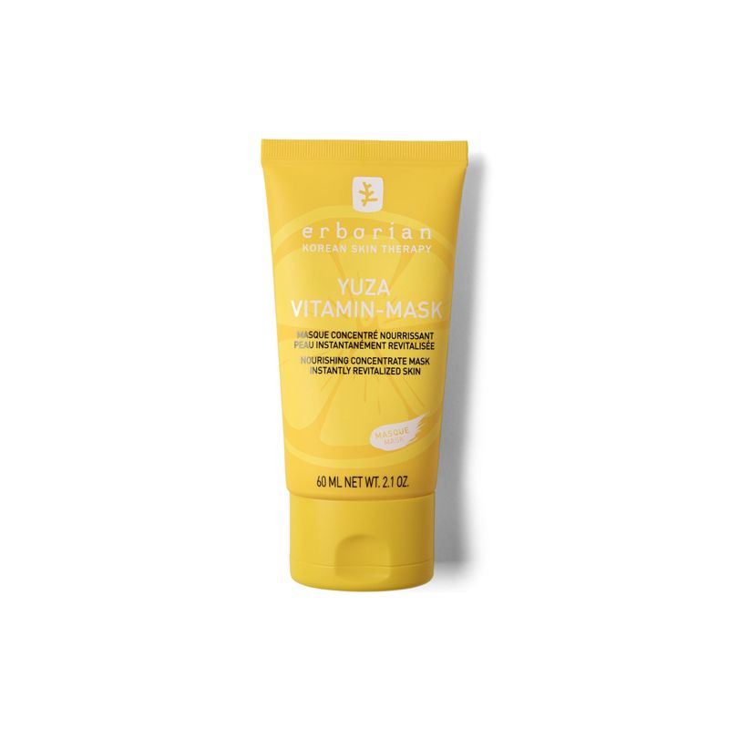 Gelbe Tube mit Produktnamen und Logo. Text: Yuza Vitamin-Mask, 60 ml. Erborian Korean Skin Therapy.