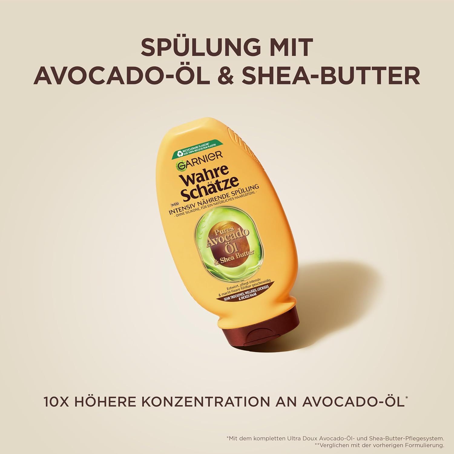 Gelbe Flasche mit braunem Deckel. Aufschrift: Garnier Wahre Schätze Spülung mit Avocado-Öl & Shea-Butter.