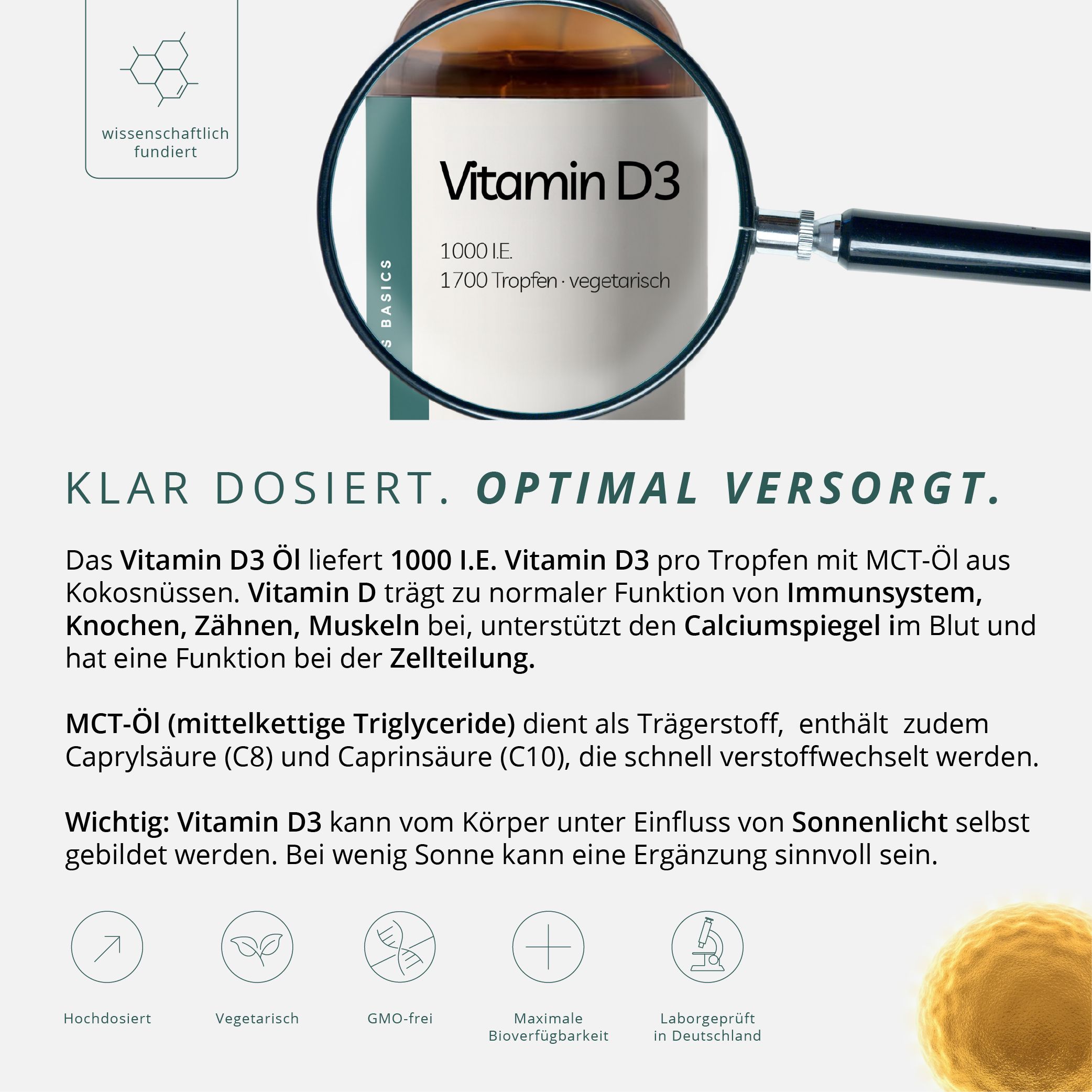 Vergrößerte Ansicht des Produkts mit Text. Text erklärt die Vorteile von Vitamin D3. Symbole zeigen: hochdosiert, vegetarisch, GMO-frei.