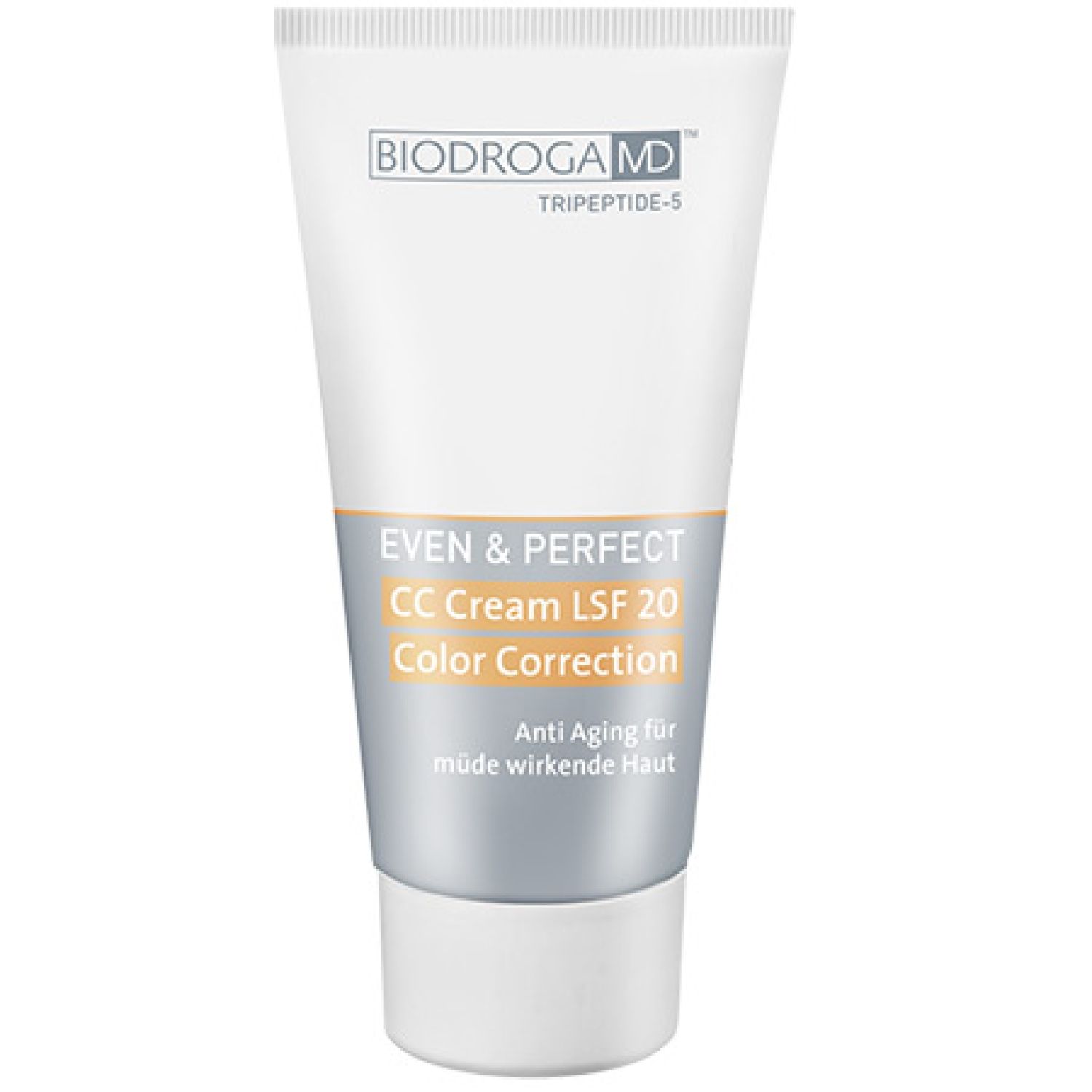 Weiße Tube mit Produktnamen und Text. Aufschrift: BIODROGA MD, EVEN & PERFECT CC Cream LSF 20. Anti Aging für müde wirkende Haut.