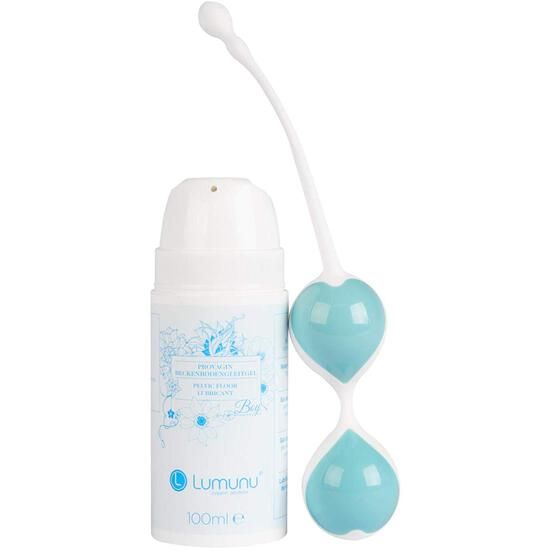 Beckenbodentrainer-Set mit zwei Kugeln und Gleitgel-Flasche. Kugeln hellblau, Flasche weiß mit blauer Schrift. Marke Lumunu.