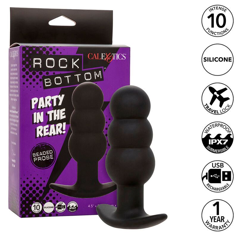 Schwarzer, gerippter Plug aus Silikon mit breiter Basis. Verpackung zeigt 'Rock Bottom' und 'Beaded Probe'.