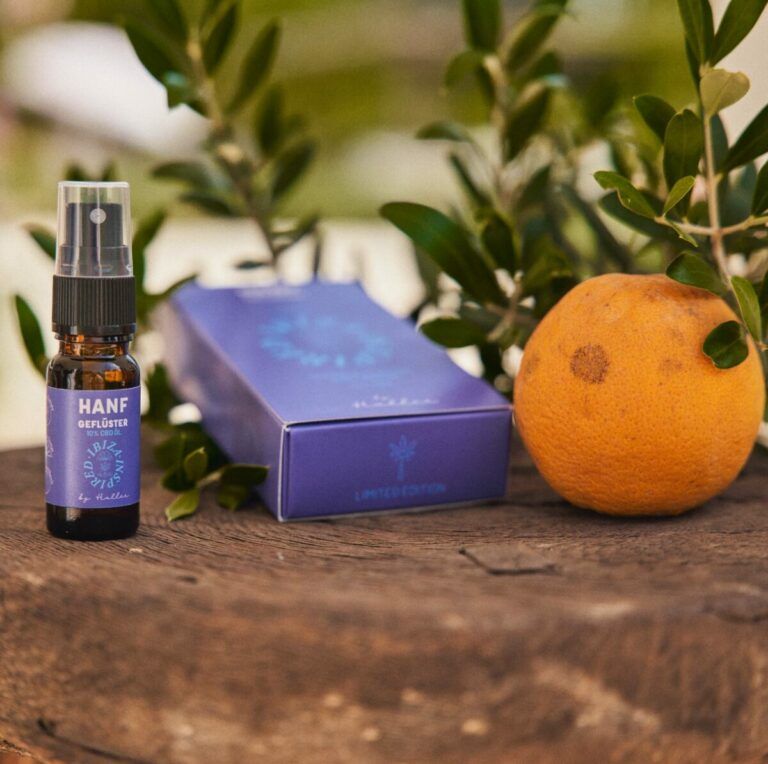 Braune Glasflasche mit Sprühkopf und lila Etikett, neben lila Schachtel und Orange. Text: HANF, CBD, Ibiza Spirit, 10% CBD. Von Haller.