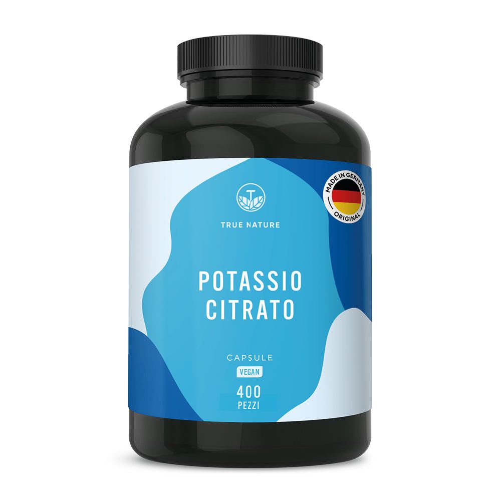 Flacone nero con etichetta blu. Contiene capsule di potassio. 400 pezzi. Vegano. Con sigillo 'Made in Germany'.