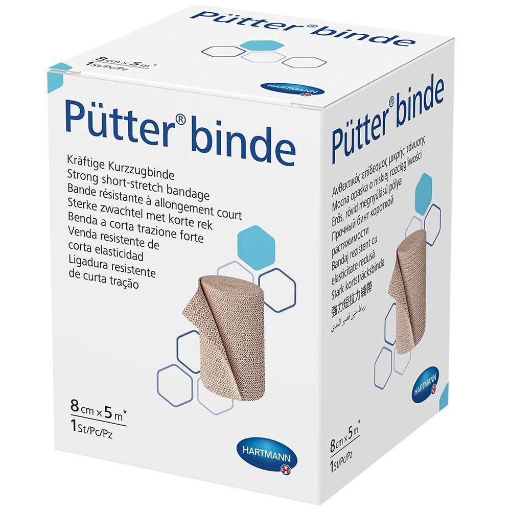 Hartmann Pütterbinde, 8 x 5 m, in Verpackung. Box mit Produktabbildung und Produktbezeichnung.