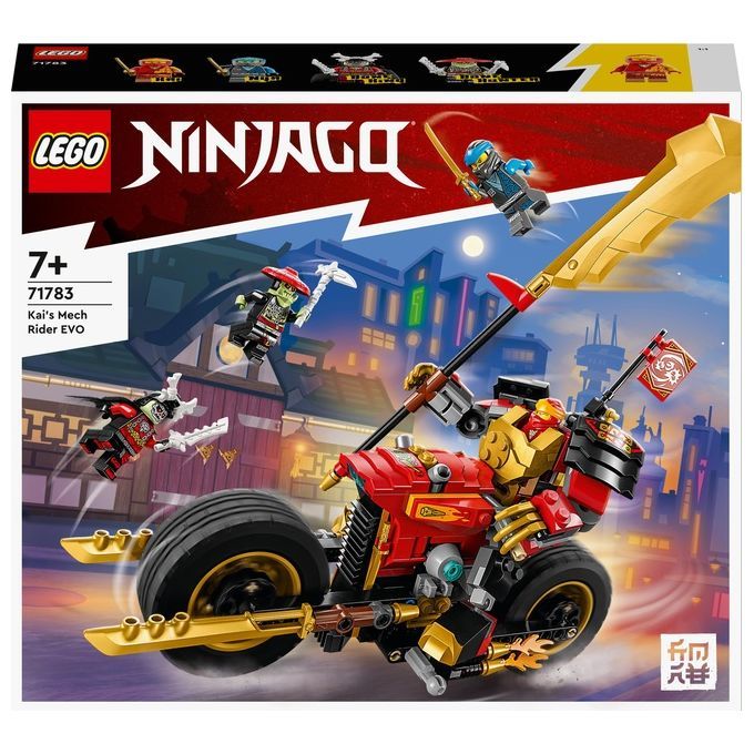LEGO Ninjago 71783 Kais Mech-Bike EVO. Confezione con moto-robot e personaggi. Moto rossa e oro con ruota grande e spada. Personaggi in volo.