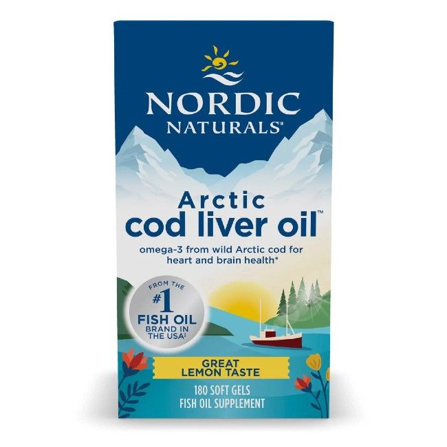 Nordic Naturals Arktisches Lebertranöl. Blaue Verpackung mit Produktnamen und Logo. Enthält 180 Softgels.