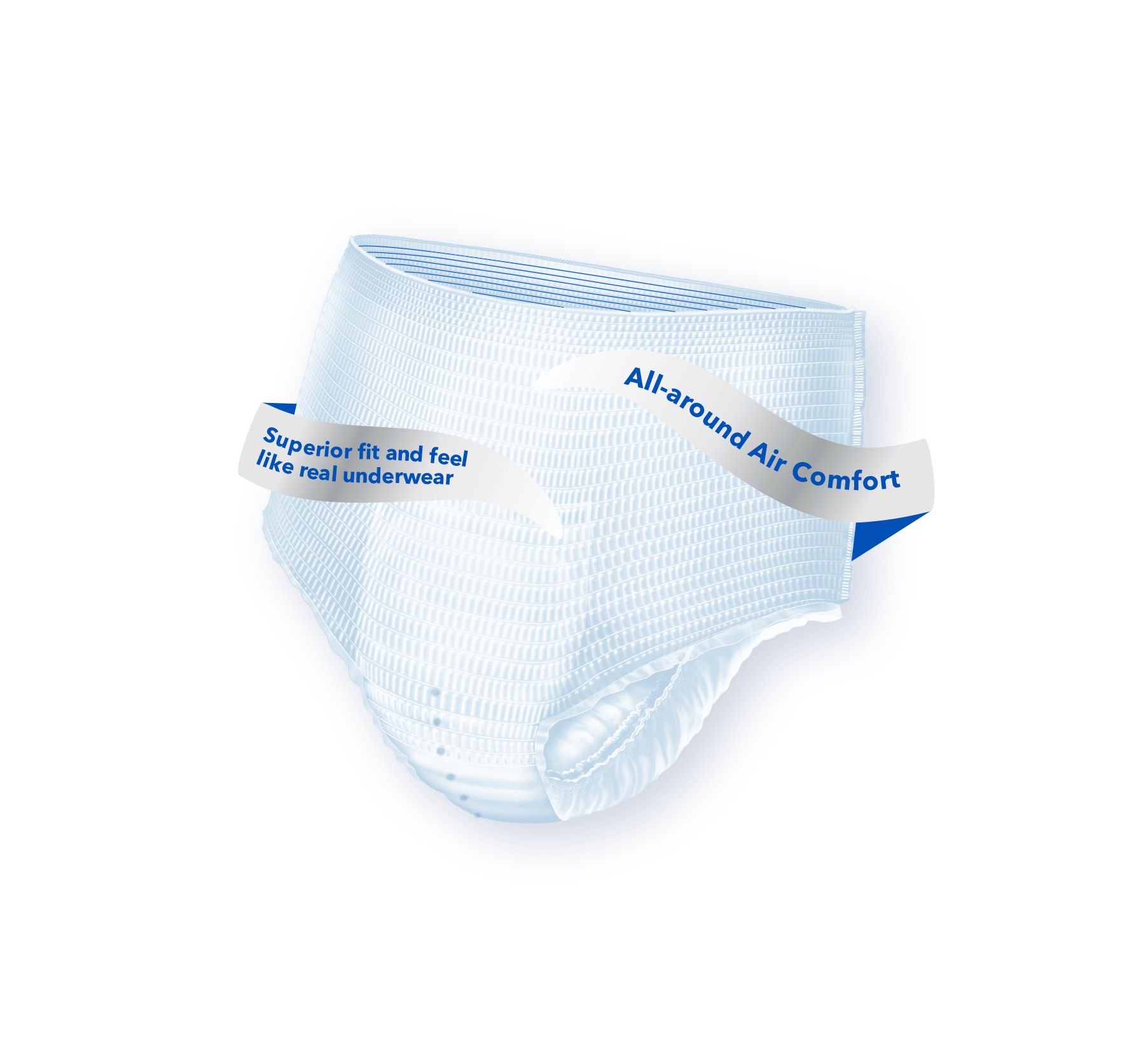 Attends® Pull-Ons. Weiße Inkontinenzhose. Schriftzüge: Superior fit and feel, All-around Air Comfort.