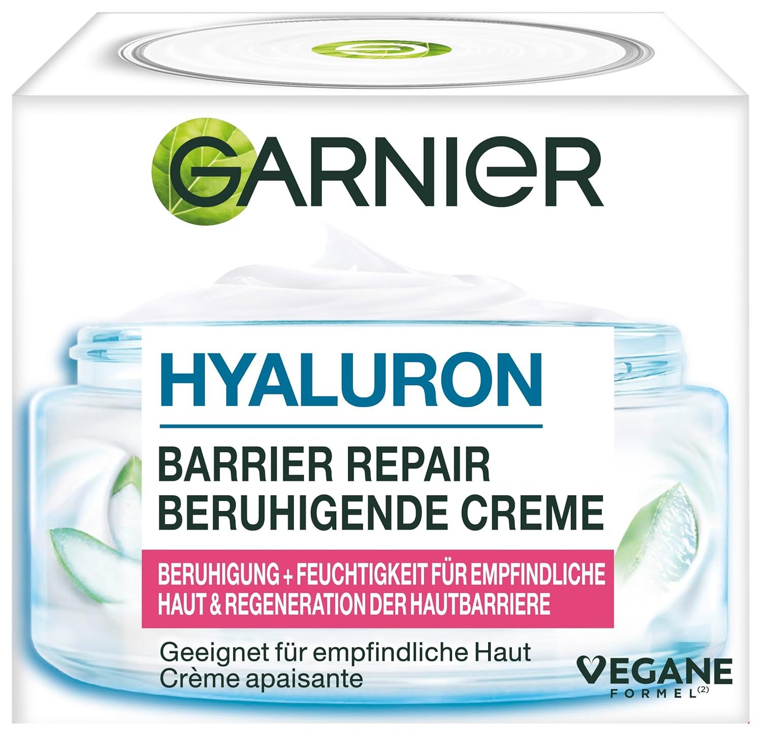 Garnier Hyaluron Barrier Repair Creme in Verpackung. Text: Hyaluron, Barrier Repair, beruhigende Creme. Vegane Formel.