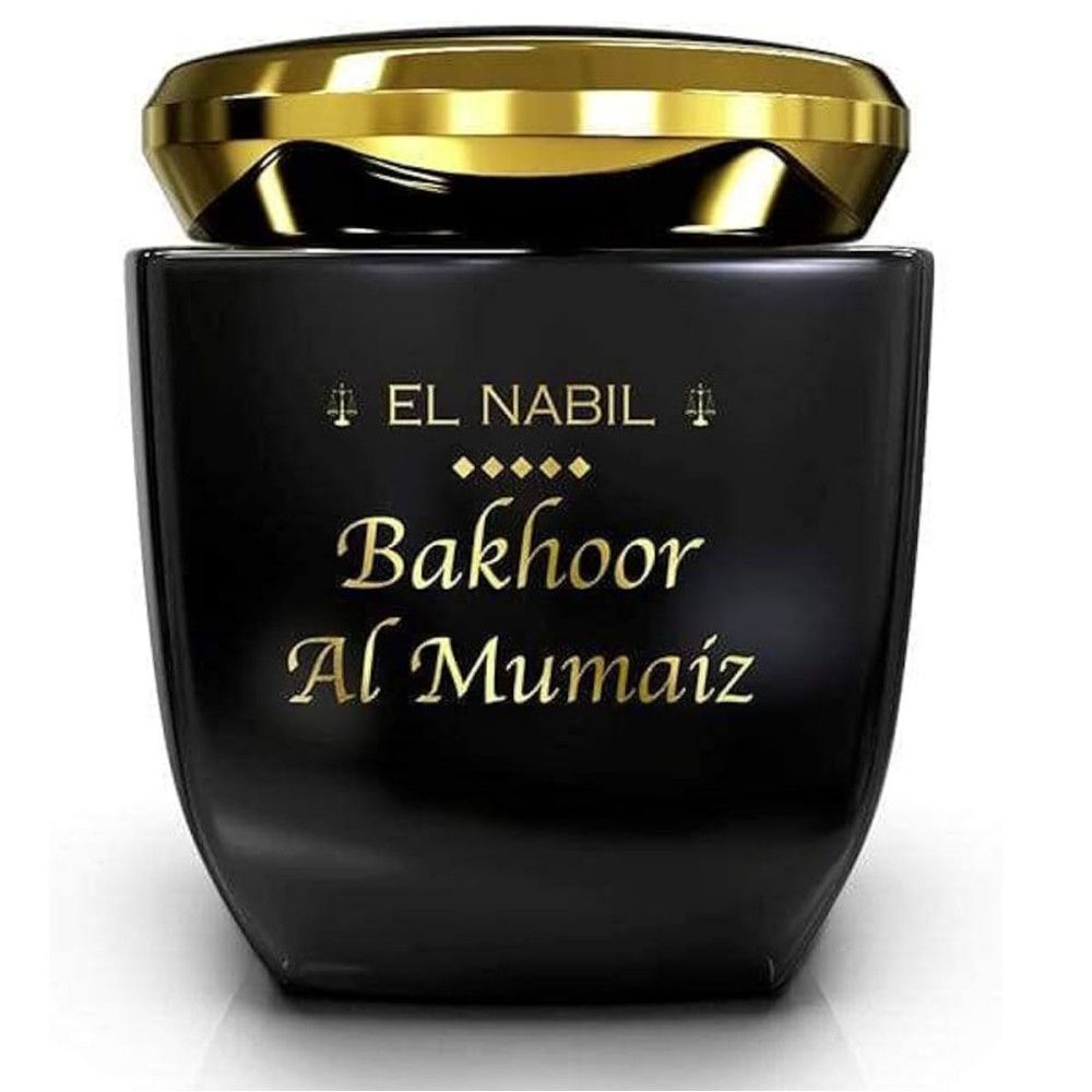 Schwarzer Behälter mit goldfarbenem Deckel. Aufschrift in Gold: EL NABIL, Bakhoor Al Mumaiz.