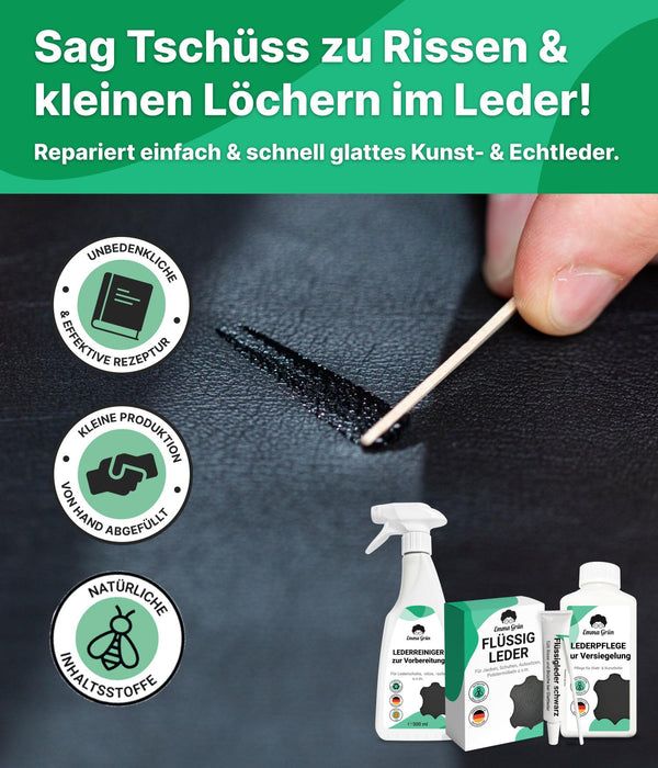 Emma Grün® Leder Reparatur Komplettset mit Reiniger, Flüssigleder & Lederpflege