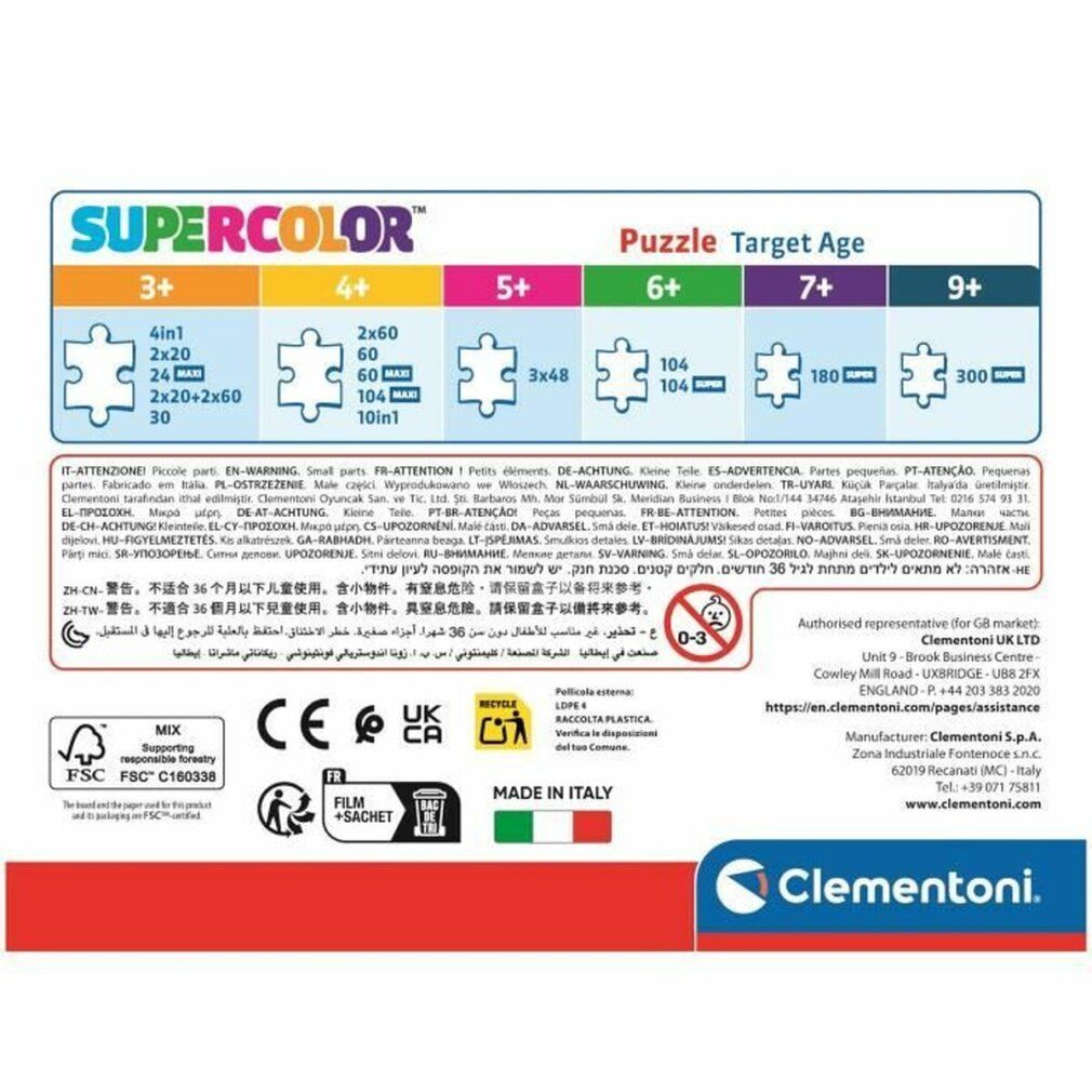 Puzzle mit 60 Teilen. Abmessungen: 33,5 x 23,5 cm. Farbverlauf von lila nach rosa. Einzelne Puzzleteile.