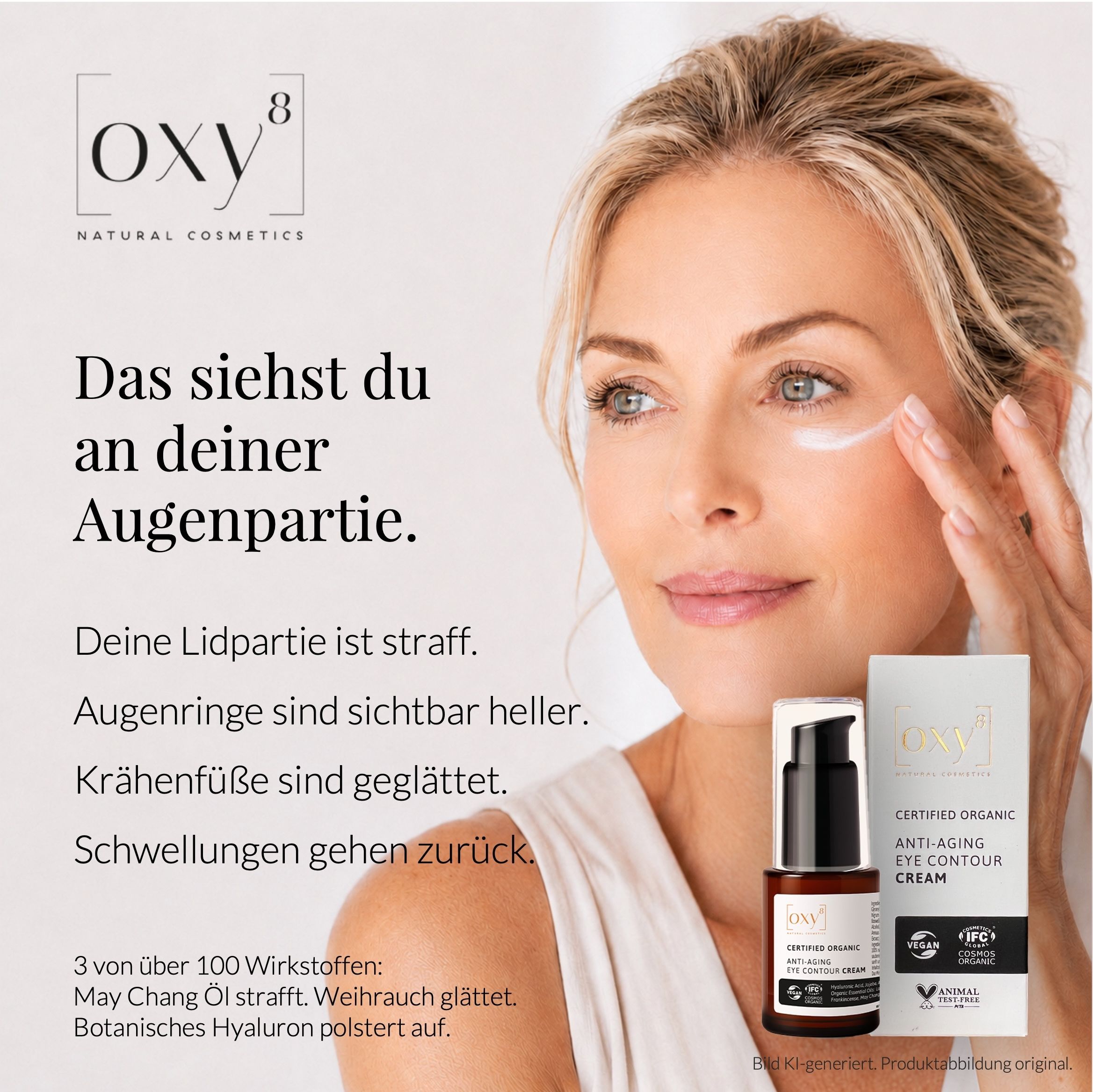 Oxy8 Natural Cosmetics Anti-Aging Eye Contour Cream in brauner Glasflasche mit Pumpspender und Kartonverpackung.
