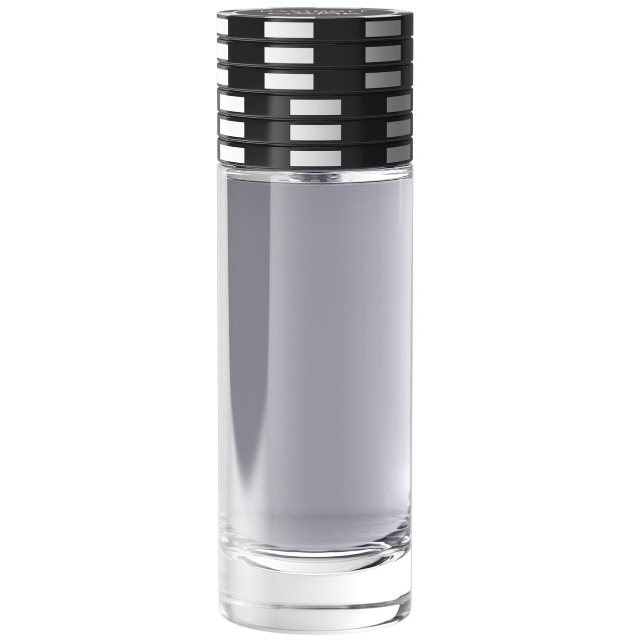 Zylindrische Flasche mit schwarzem Deckel. Flüssigkeit im Inneren. Weißer Hintergrund.