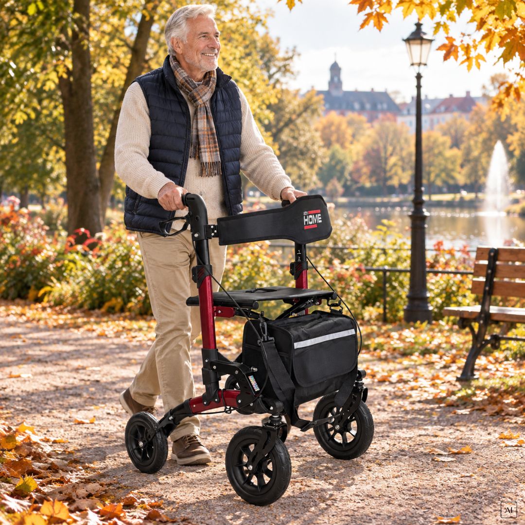 Älterer Mann mit rotem abc HOME Rollator im Herbstpark.