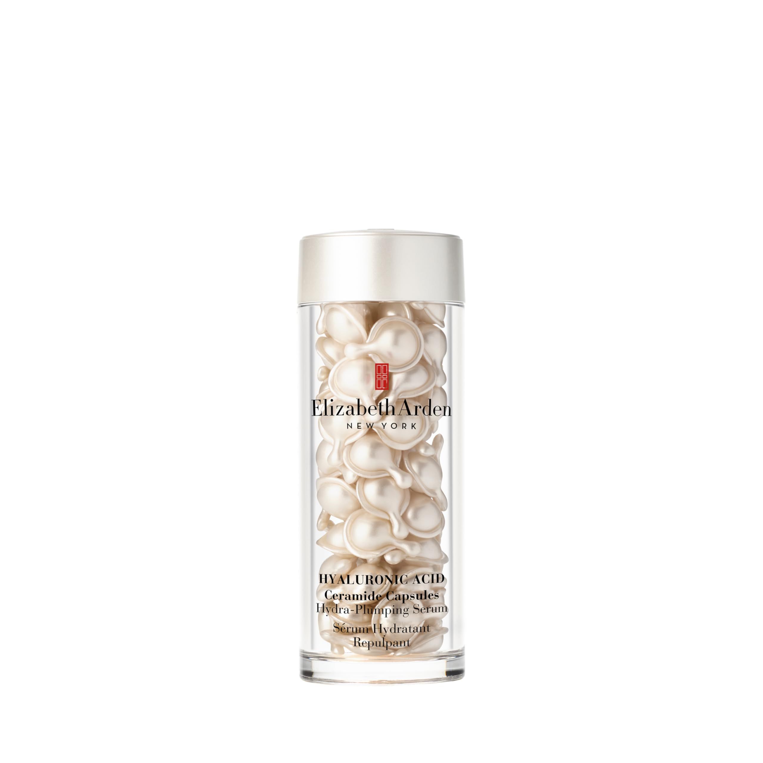 Kapseln in einer transparenten Flasche. Aufschrift: Elizabeth Arden New York. Produktname und Inhaltsstoffe.