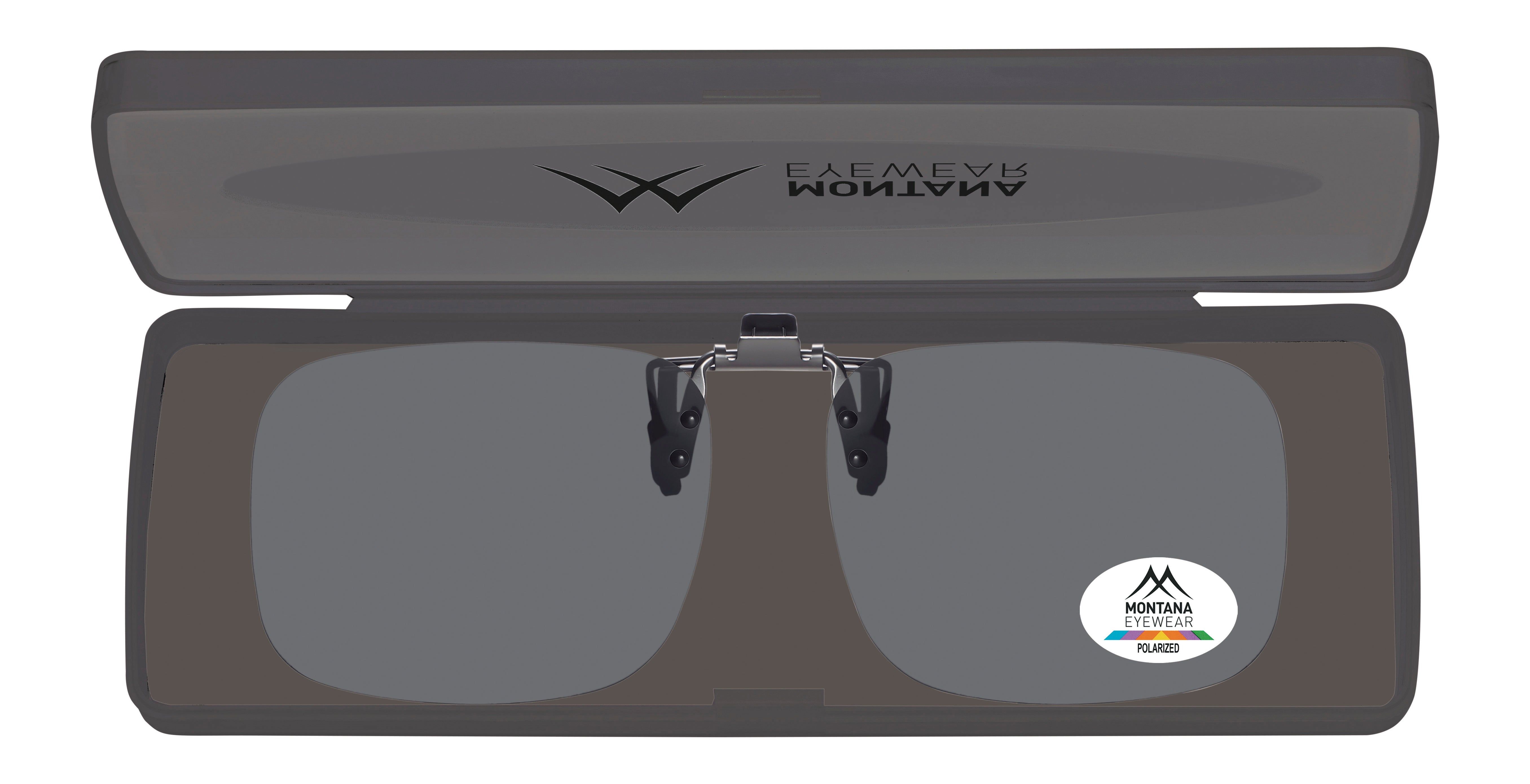 Sonnenbrille in grauem Etui. Montana Eyewear-Logo und Polarisationshinweis auf den Gläsern. Etui mit Logo.