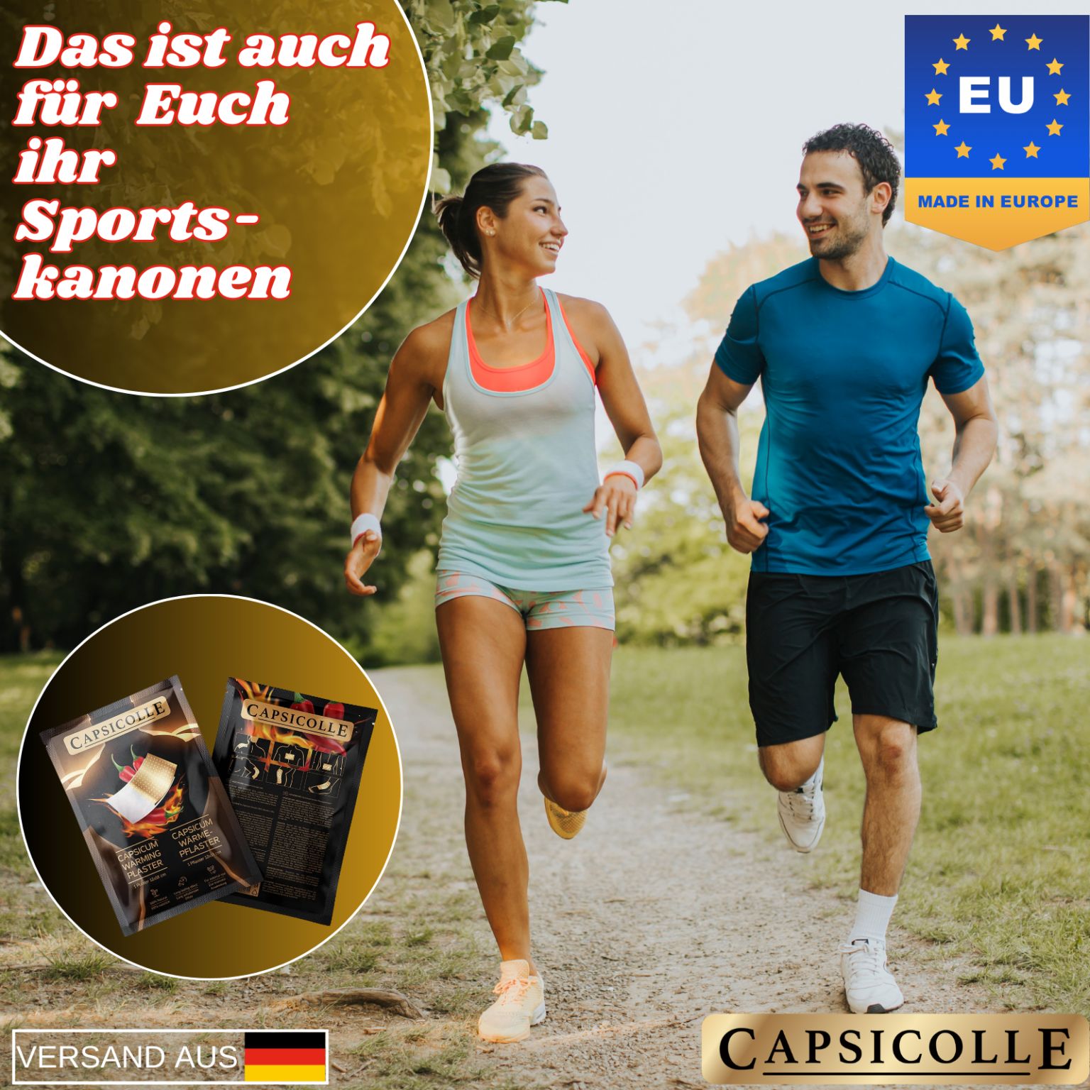 Zwei Capsicolle Wärmepflaster-Packungen. Aufschrift: Capsicum Warming Plaster. EU-Siegel.
