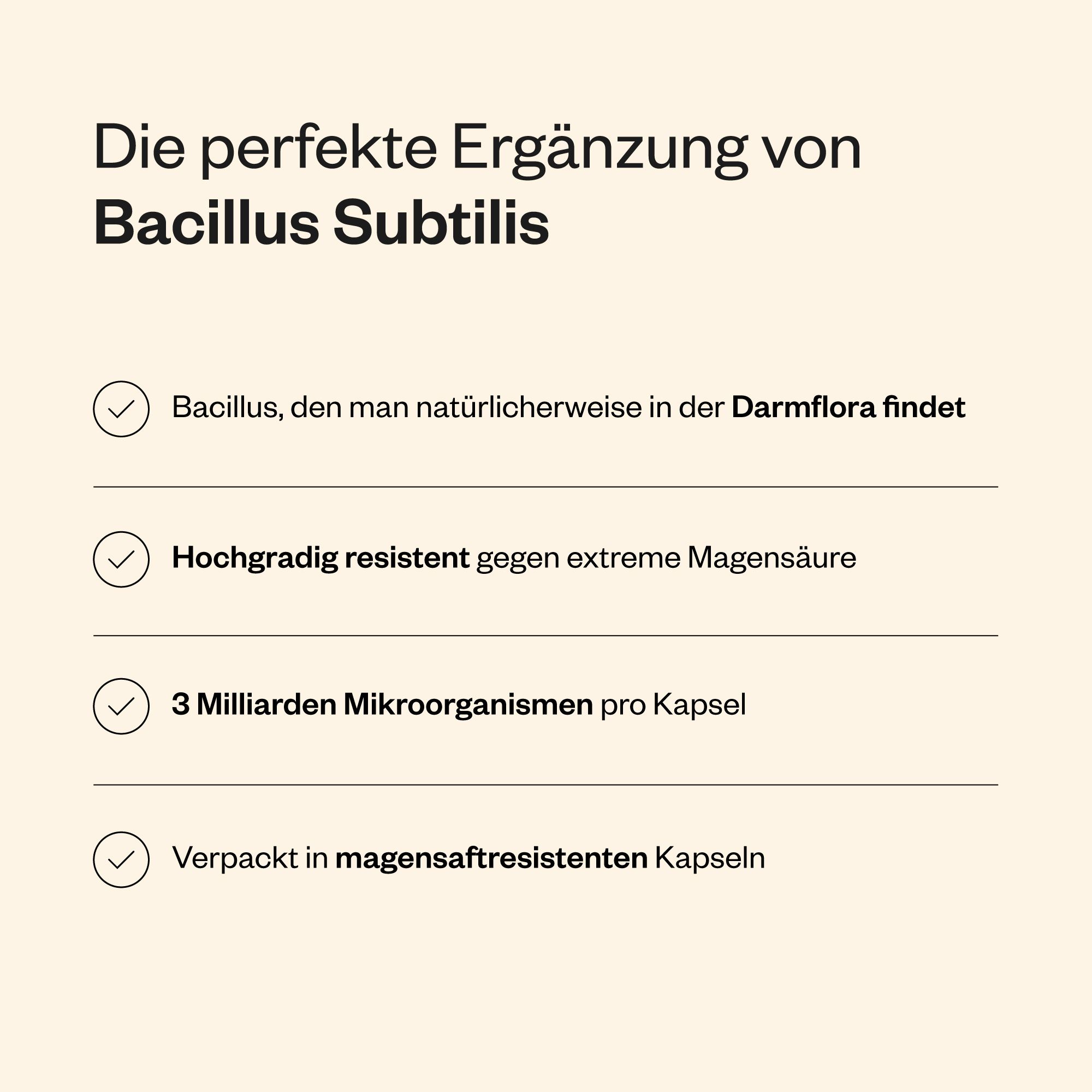 Infografik mit Text über Bacillus subtilis. Beschreibt Vorteile: Darmflora, Magensäure, Mikroorganismen, magensaftresistente Kapseln.