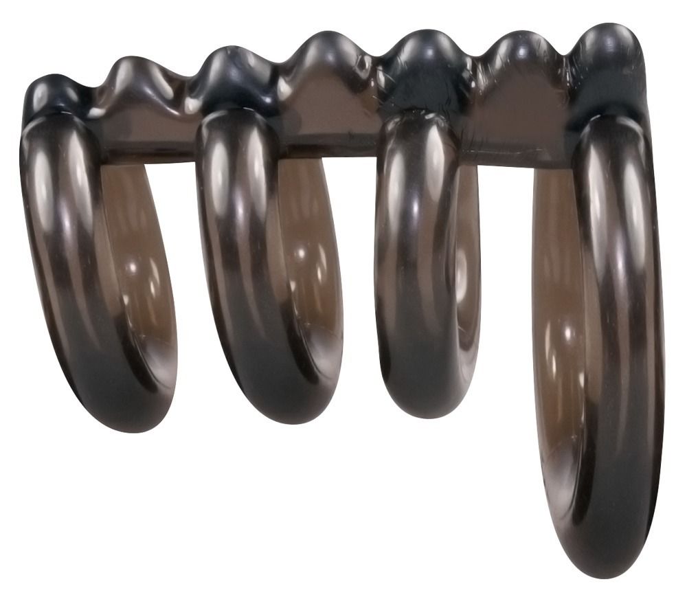 Schwarzer Penis-Hodenring mit vier Ringen und wellenförmigem Steg. Aus transparentem Material.