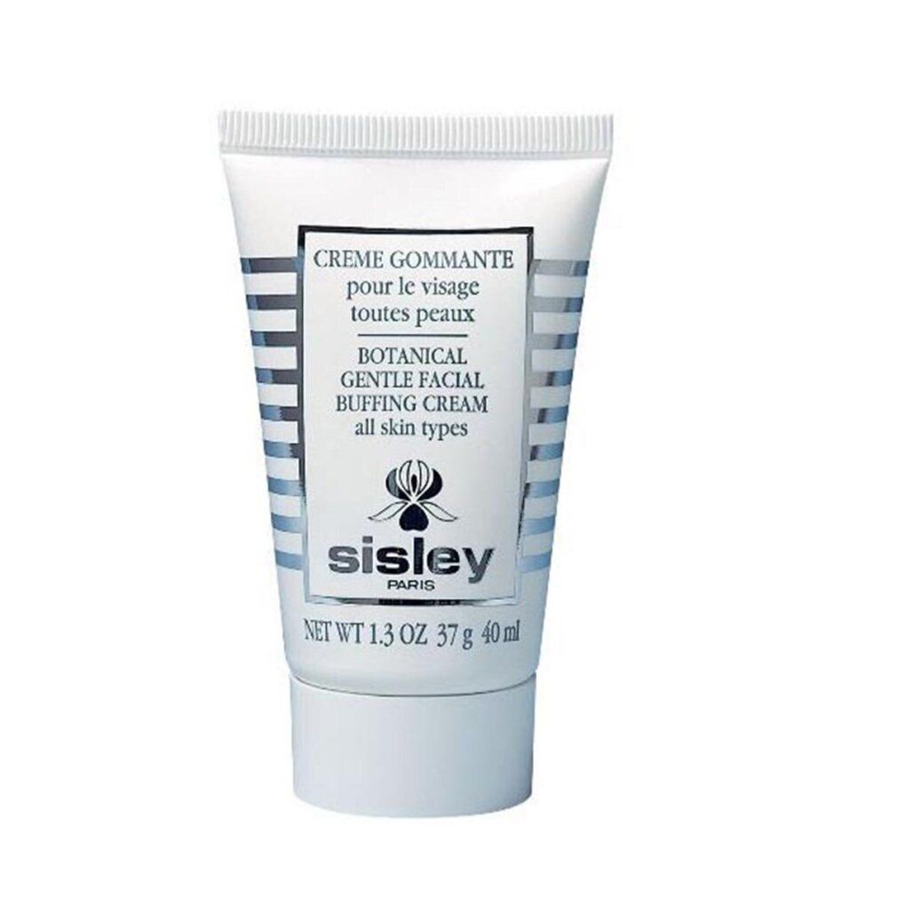 Creme Gommante pour le Visage Tube. Sisley-Logo. Text: Gentle Facial Buffing Cream. Für alle Hauttypen. Blaue und graue Streifen.