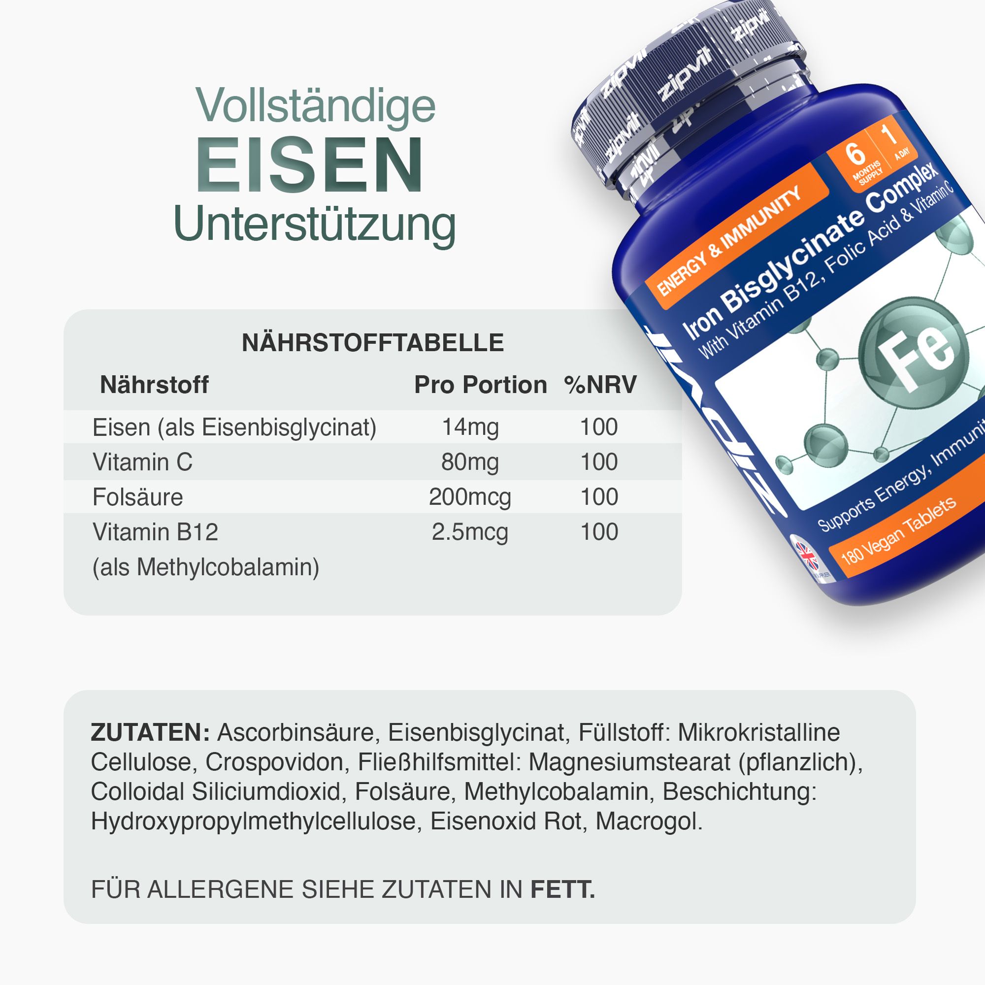 Nährstofftabelle mit Eisen, Vitamin C, Folsäure und Vitamin B12. Zutatenliste. Blaue Flasche mit Zipvit-Etikett. Eisen Bisglycinat Complex.