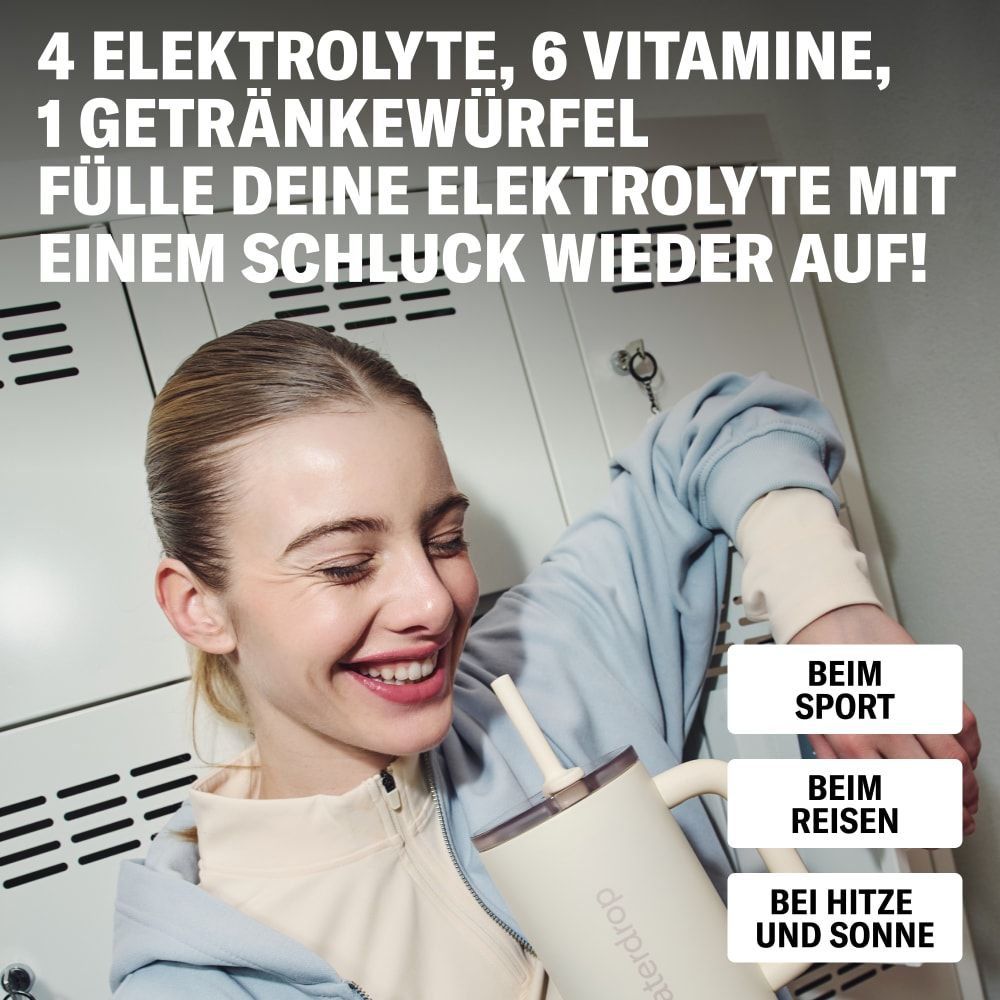 Frau mit Trinkflasche. Text: 4 Elektrolyte, 6 Vitamine, 1 Getränkewürfel. Text: Beim Sport, beim Reisen, bei Hitze und Sonne. Text: waterdrop®.