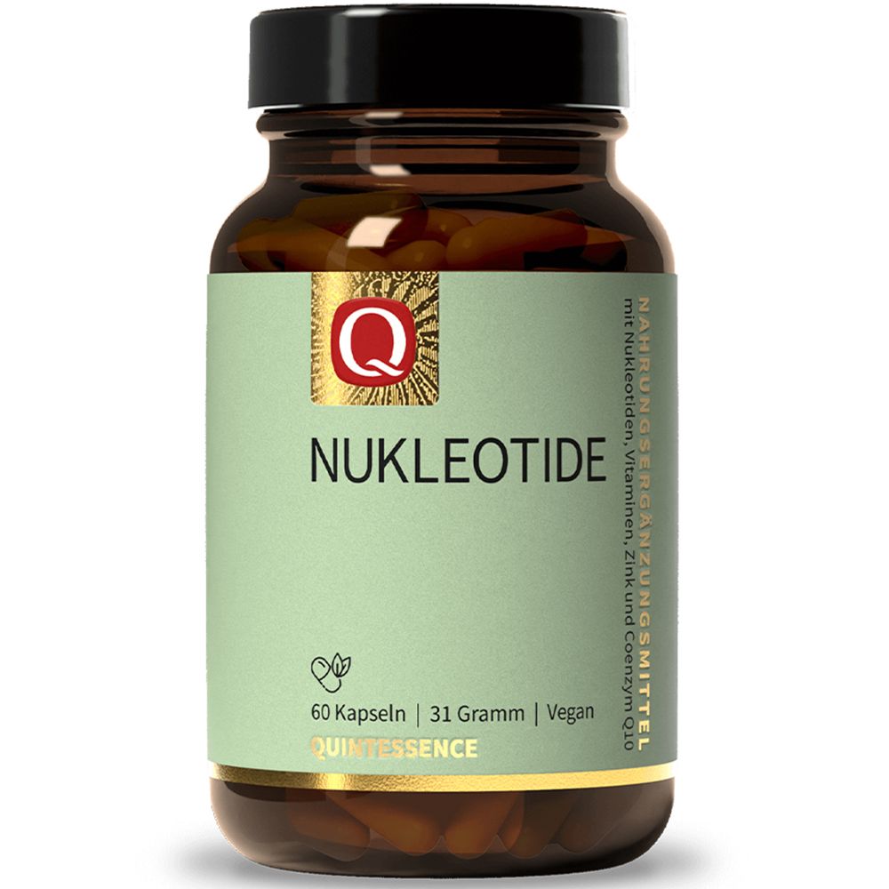 Braune Glasflasche mit grünem Etikett, Nukleotide Kapseln, 60 Kapseln, 31 Gramm, Vegan, Quintessence.