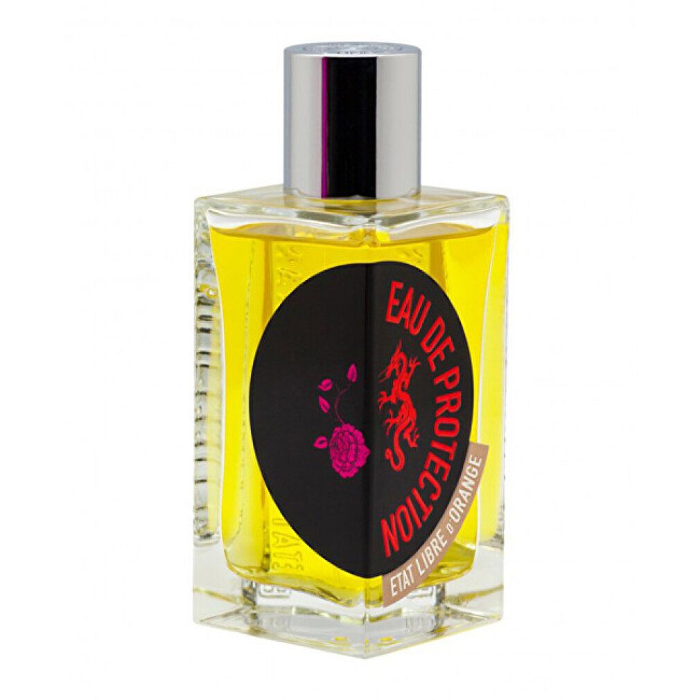 Flakon mit silbernem Deckel. Aufschrift: Eau de Protection, Etat Libre d'Orange. Schwarzes Etikett mit rotem Logo und Rose.