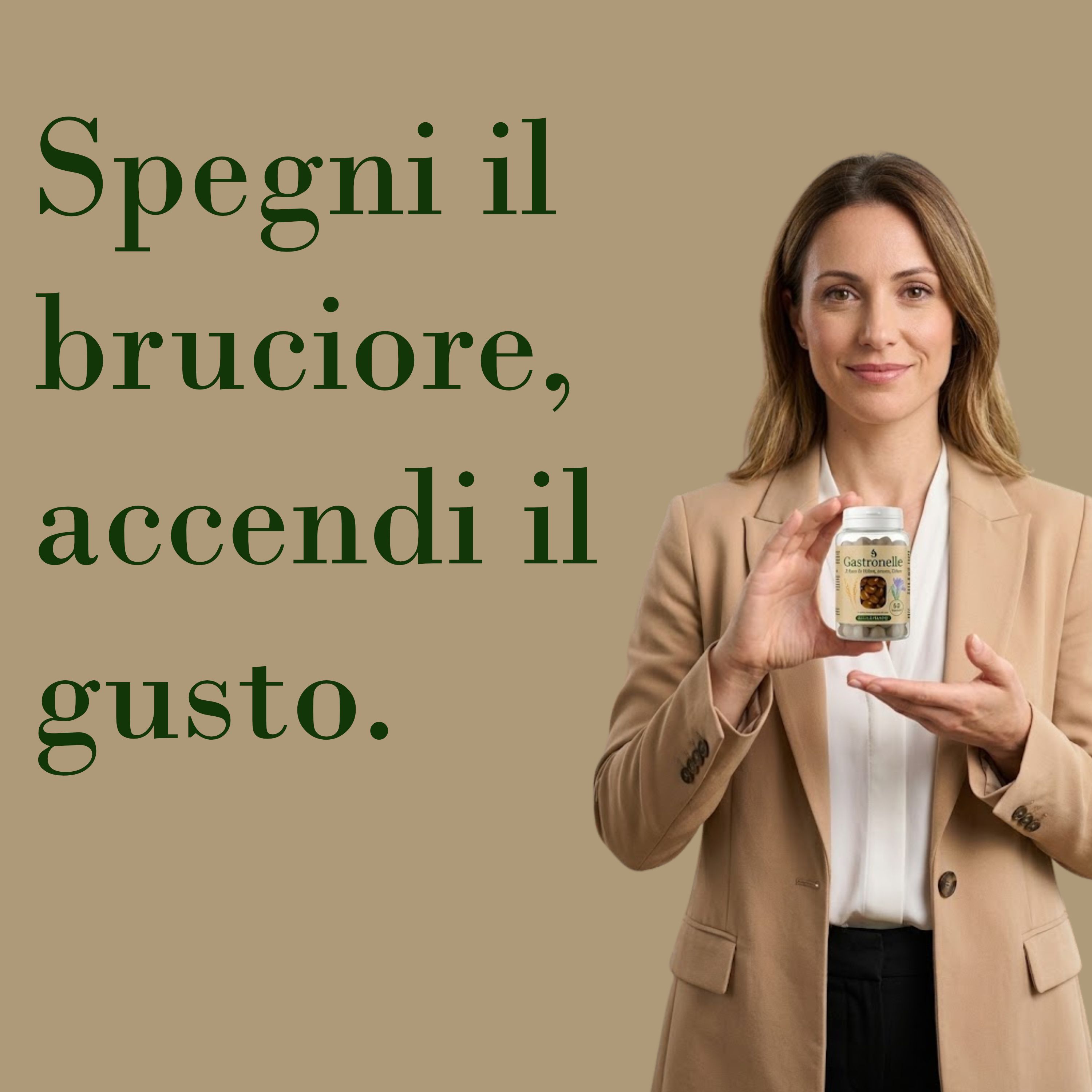 Eine Frau hält eine Dose mit Gummibärchen. Text: Spegni il bruciore, accendi il gusto.