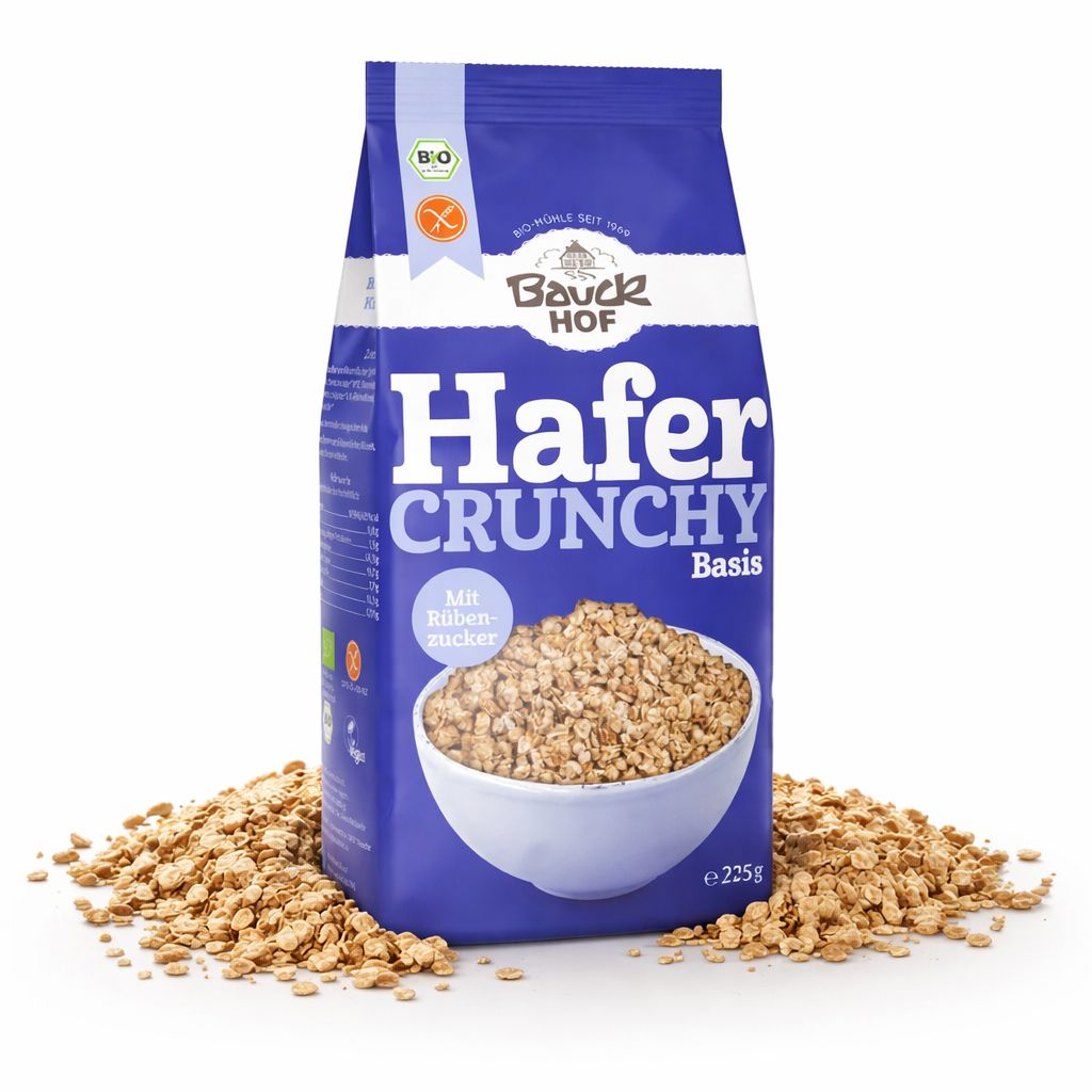 Bauckhof Hafer Crunchy Basis glutenfrei: Packung mit 225g, umgeben von Müsli.