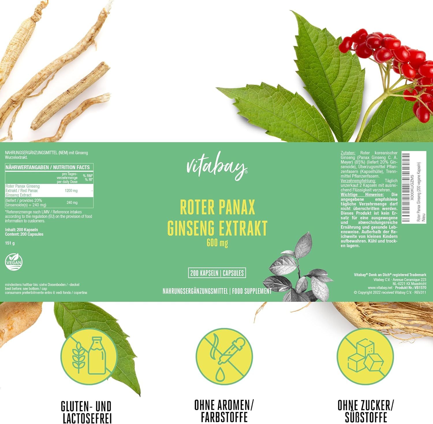 Etikett mit Produktinformationen. "Vitabay Roter Panax Ginseng Extrakt 600mg". Gluten- und laktosefrei. Ohne Aromen/Farbstoffe. Ohne Zucker/Substoffe.