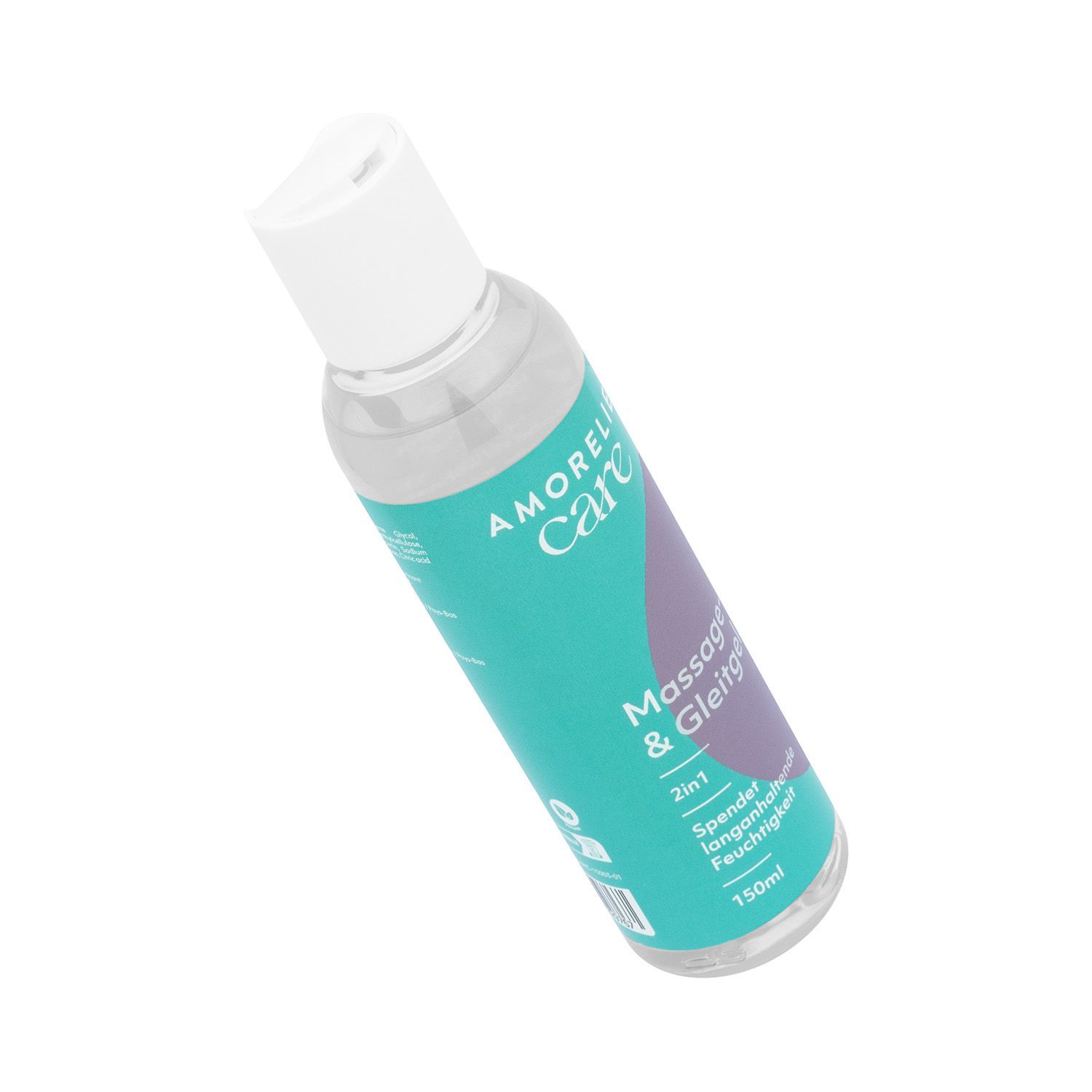 Flacon transparent incliné avec bouchon blanc. Inscription : AMORELIE care, Gel de massage & lubrifiant 2en1. Design turquoise et violet.