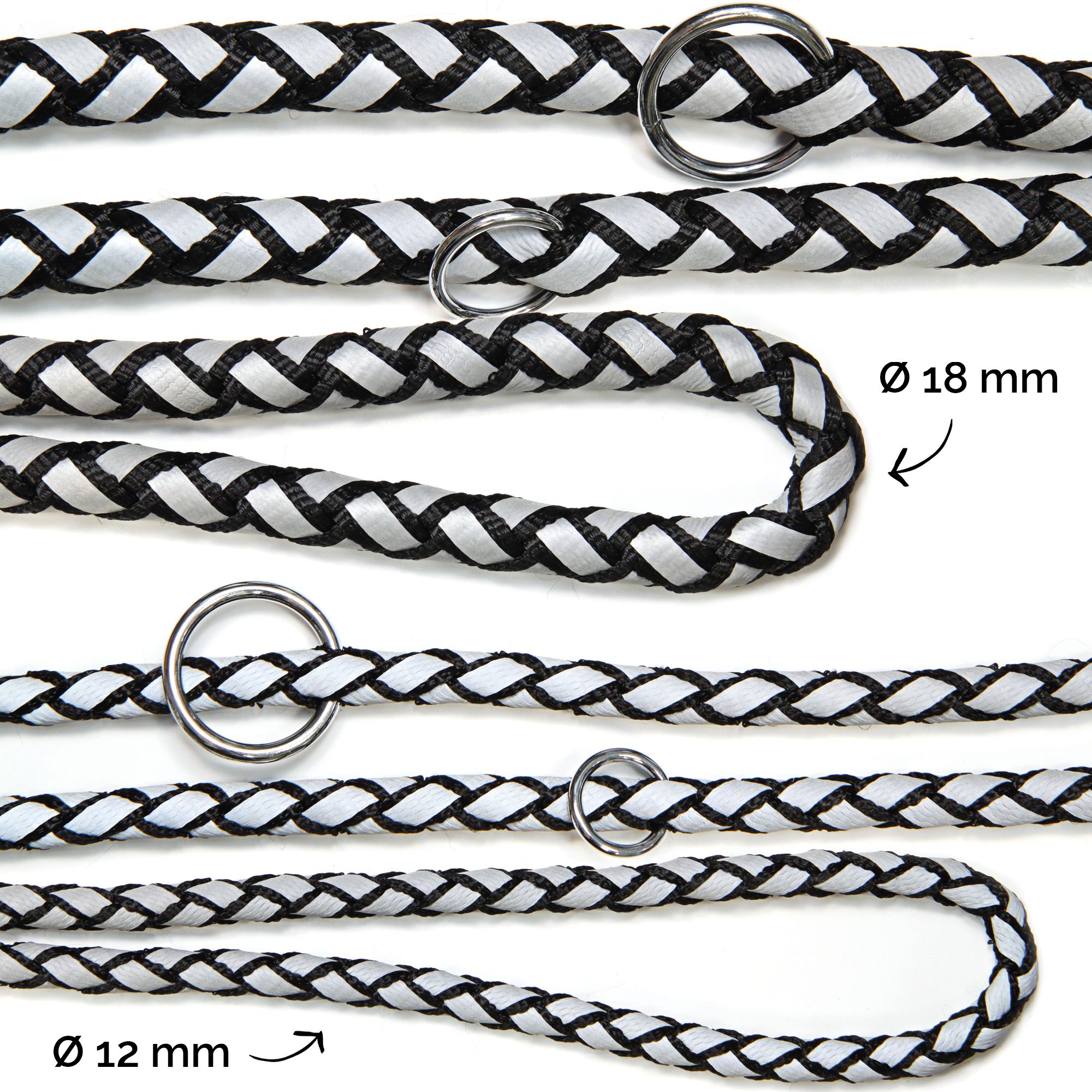 Geflochtene Führleine, schwarz-weiß. Durchmesser 12mm und 18mm. Metallringe.