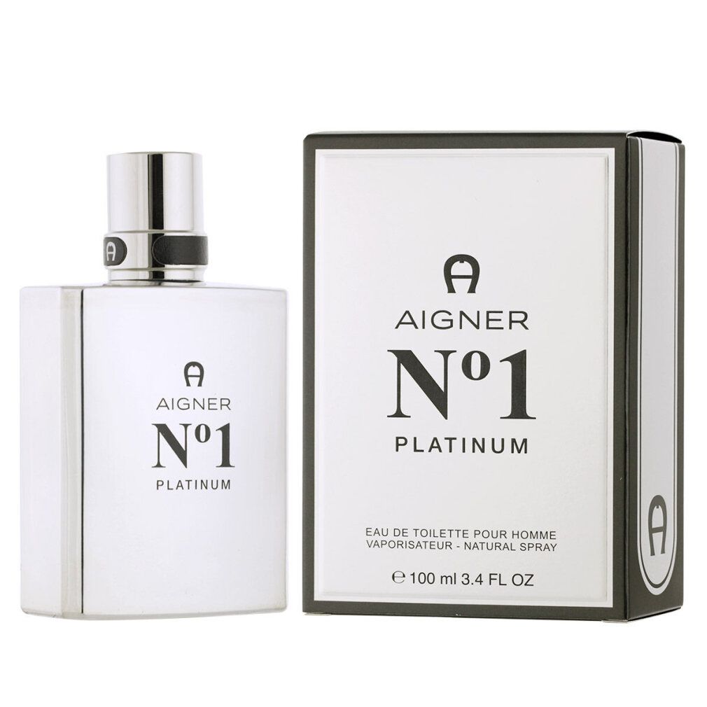 Aigner No. 1 Platinum EdT. Flakon und Verpackung. Weißes Flakon, schwarze Schrift. Schwarze Verpackung mit Logo.