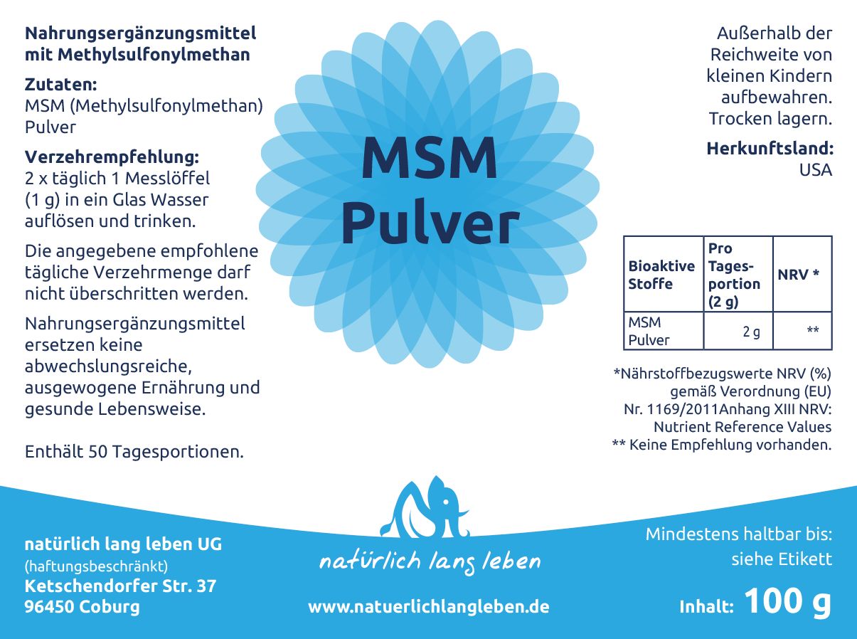 Etikett mit Informationen zu MSM Pulver. Enthält Angaben zu Inhaltsstoffen, Dosierung, Nährwertangaben und Hersteller.